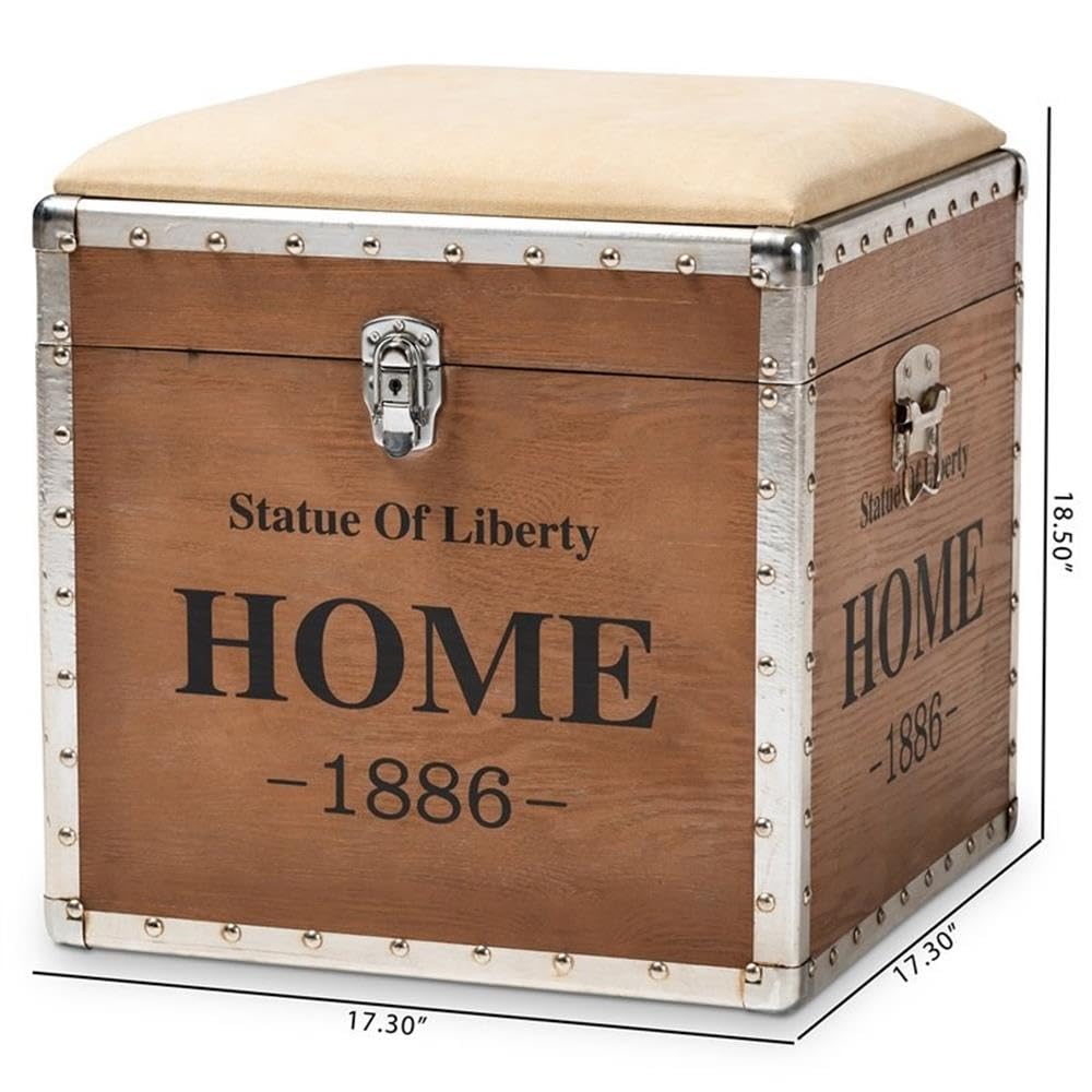 BOWERY HILL Beige Fabric and Wood Storage Ottoman - Versatile Footrest, Extra Seating & Living Room Storage Solution