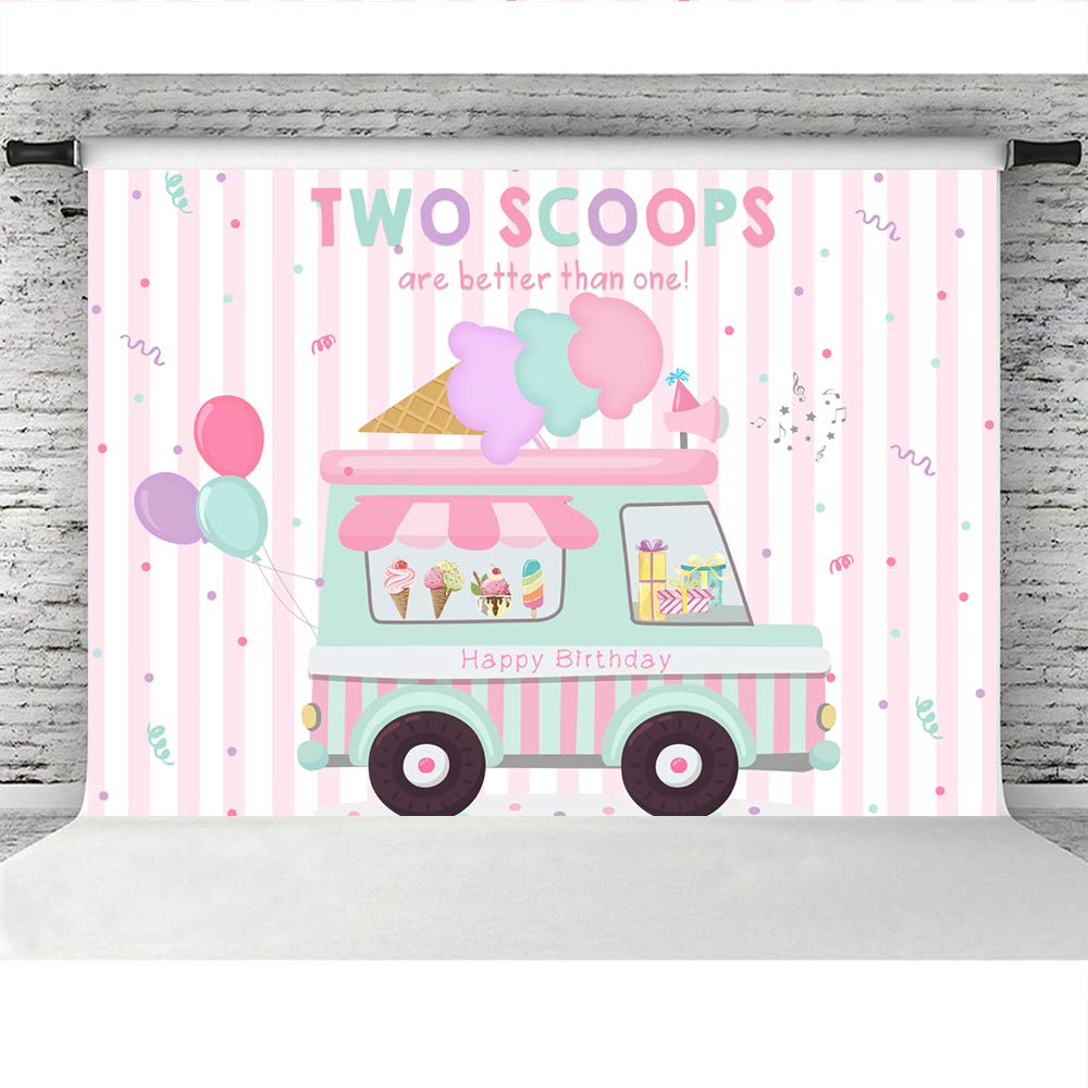 Lofaris Ice Cream Theme Party Backdrop - Pink Happy 2nd Birthday Decor for Girls, Princess Party Supplies, Two Scoops Are Better Than One Cake Table Banner (7x5ft) - Perfect for Birthday Celebrations, Baby Showers & Dessert-Themed Events
