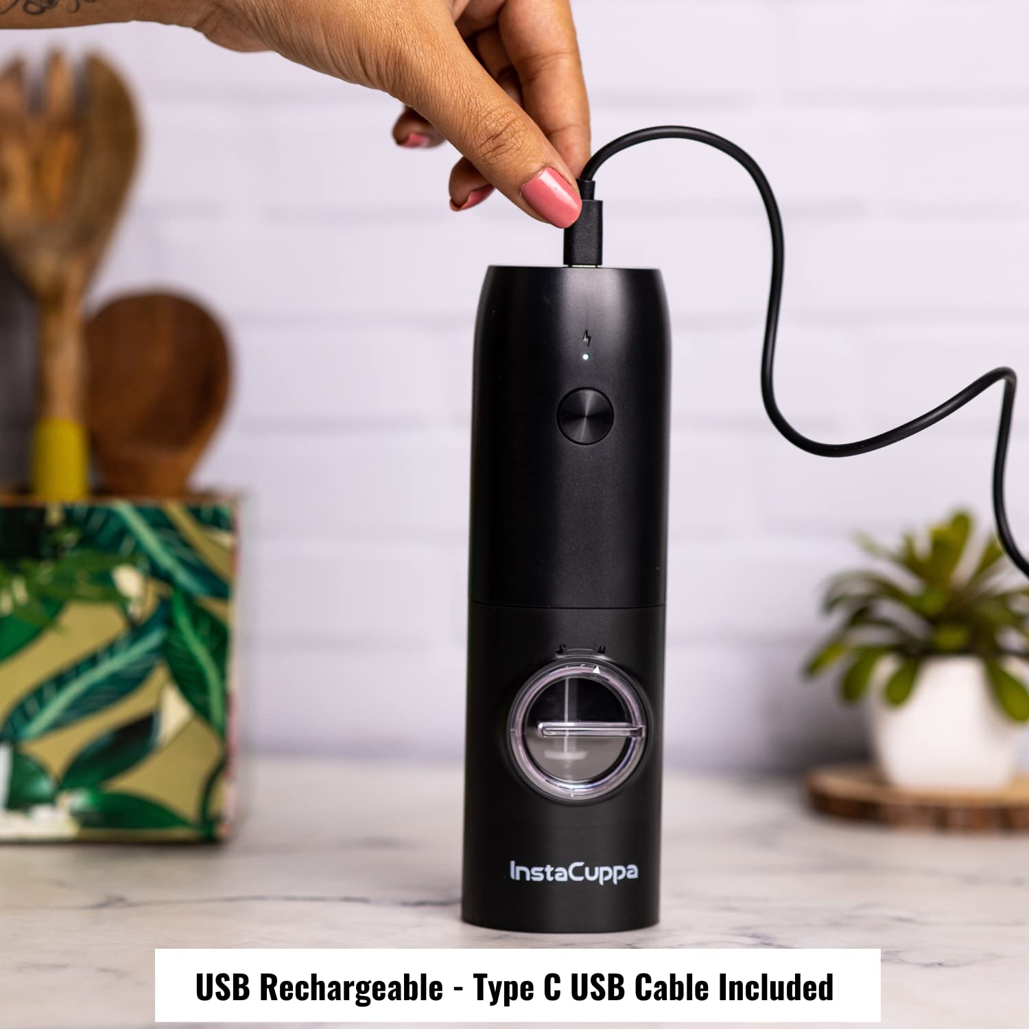 InstaCuppa Electric Salt and Pepper Grinder Set - Battery Operated Automatic Mill with One-Flip Trigger & Adjustable Coarseness - Perfect for Black Peppercorns and Sea Salt - Ideal for Kitchen, Dining Table, and Outdoor Cooking