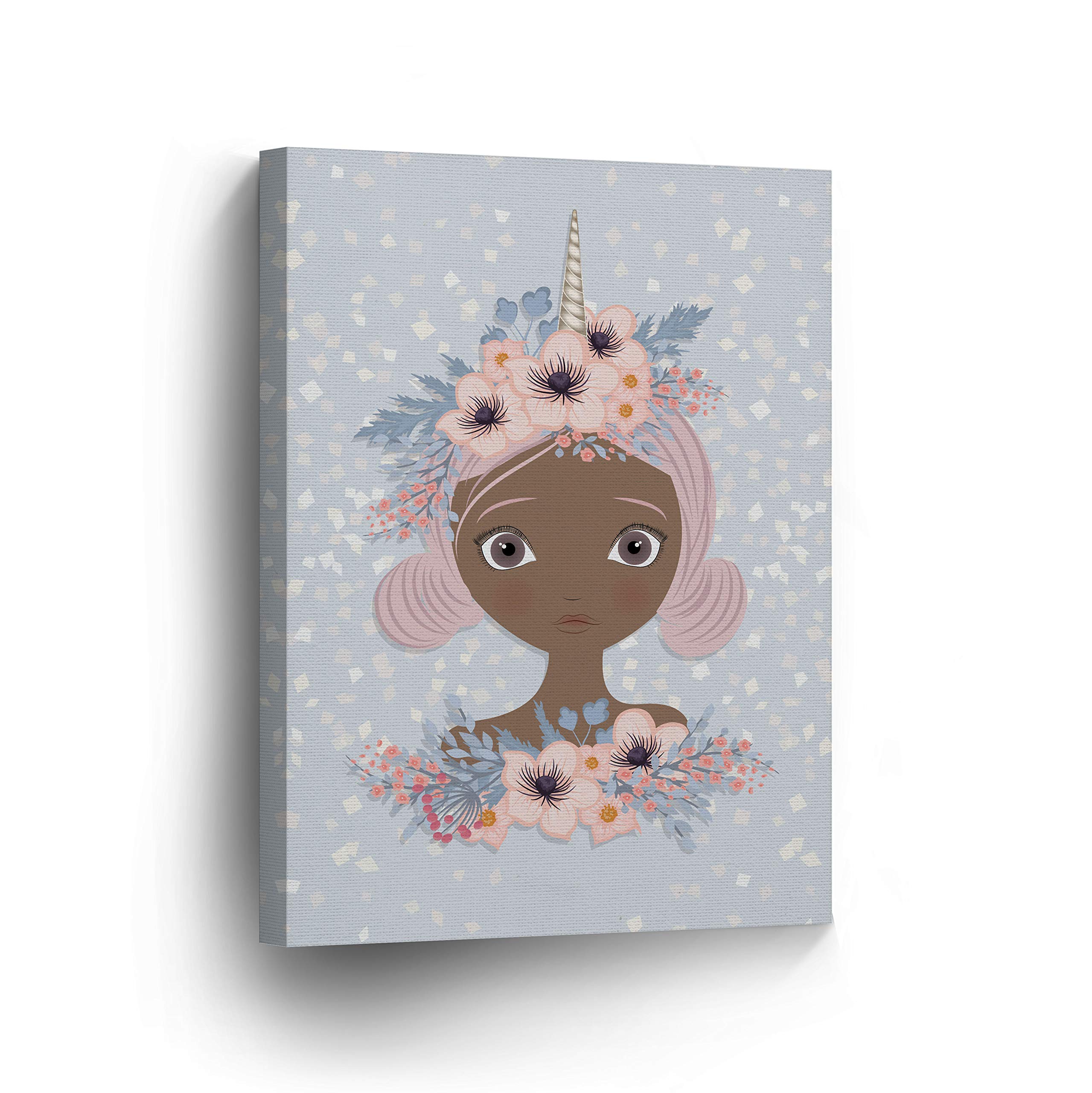 African American Unicorn Girl Canvas Wall Art - Smile Art Design 12x8 Inch Ready to Hang Nursery Decor, Kids Room Decor, Baby Gift, Made in USA | Perfect for Children's Bedroom, Playroom & Birthday Presents