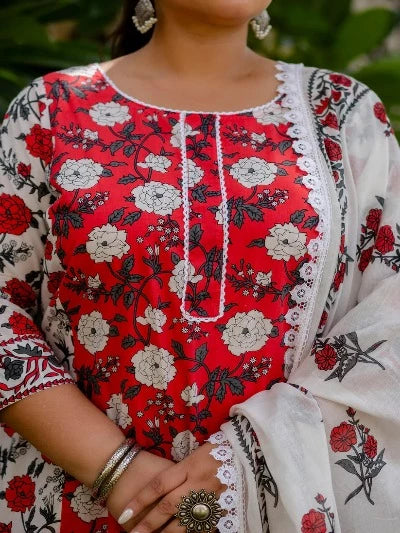 Plus Size Red & White Floral Printed Cotton Salwar Suit for Women | Comfortable Indian Ethnic Outfit for Festivals, Weddings & Special Occasions