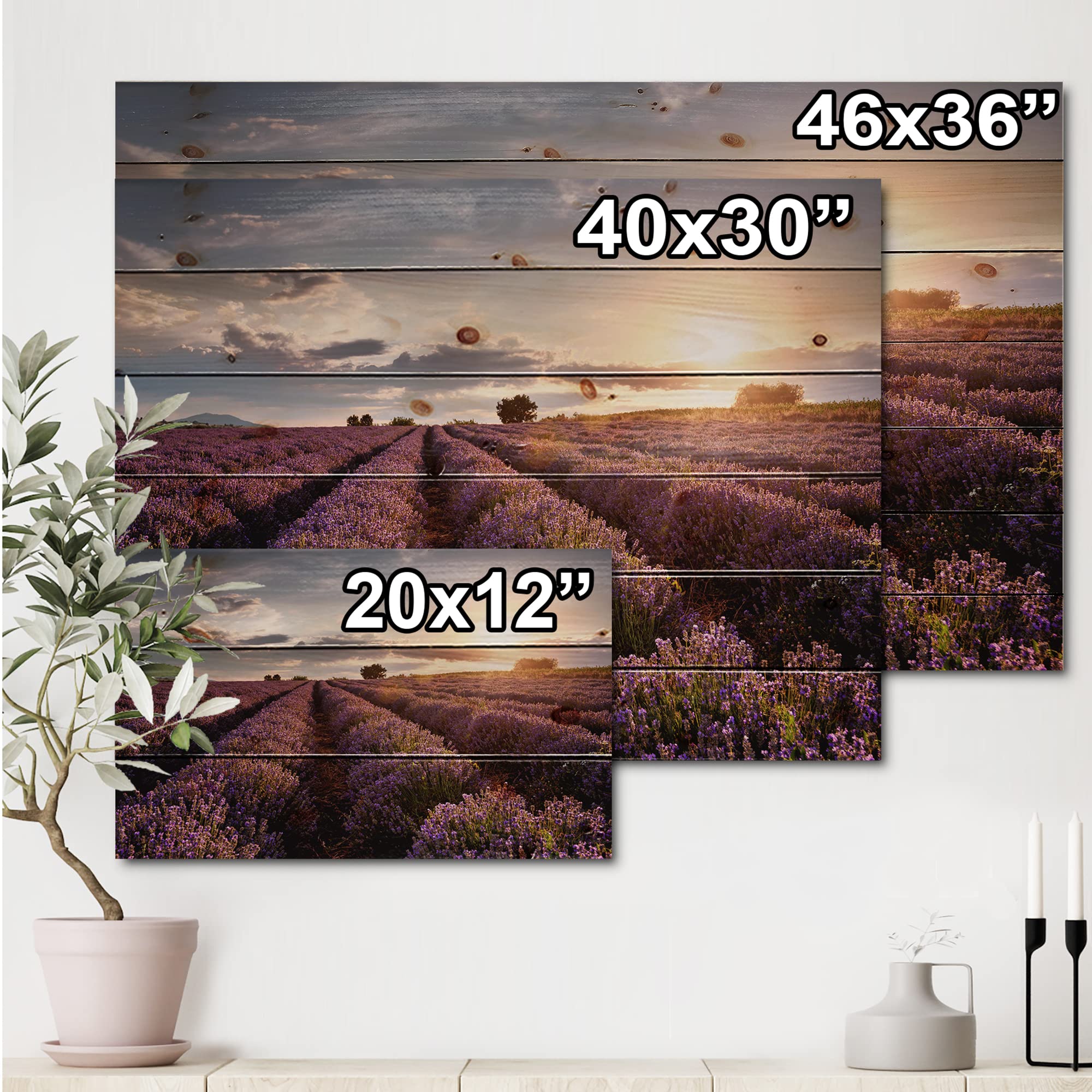 Farmhouse Wood Wall Decor - Sunrise & Lavender Field Landscape Art on Natural Pine Wood, Large Brown Wood Wall Panels for Living Room, Bedroom & Office