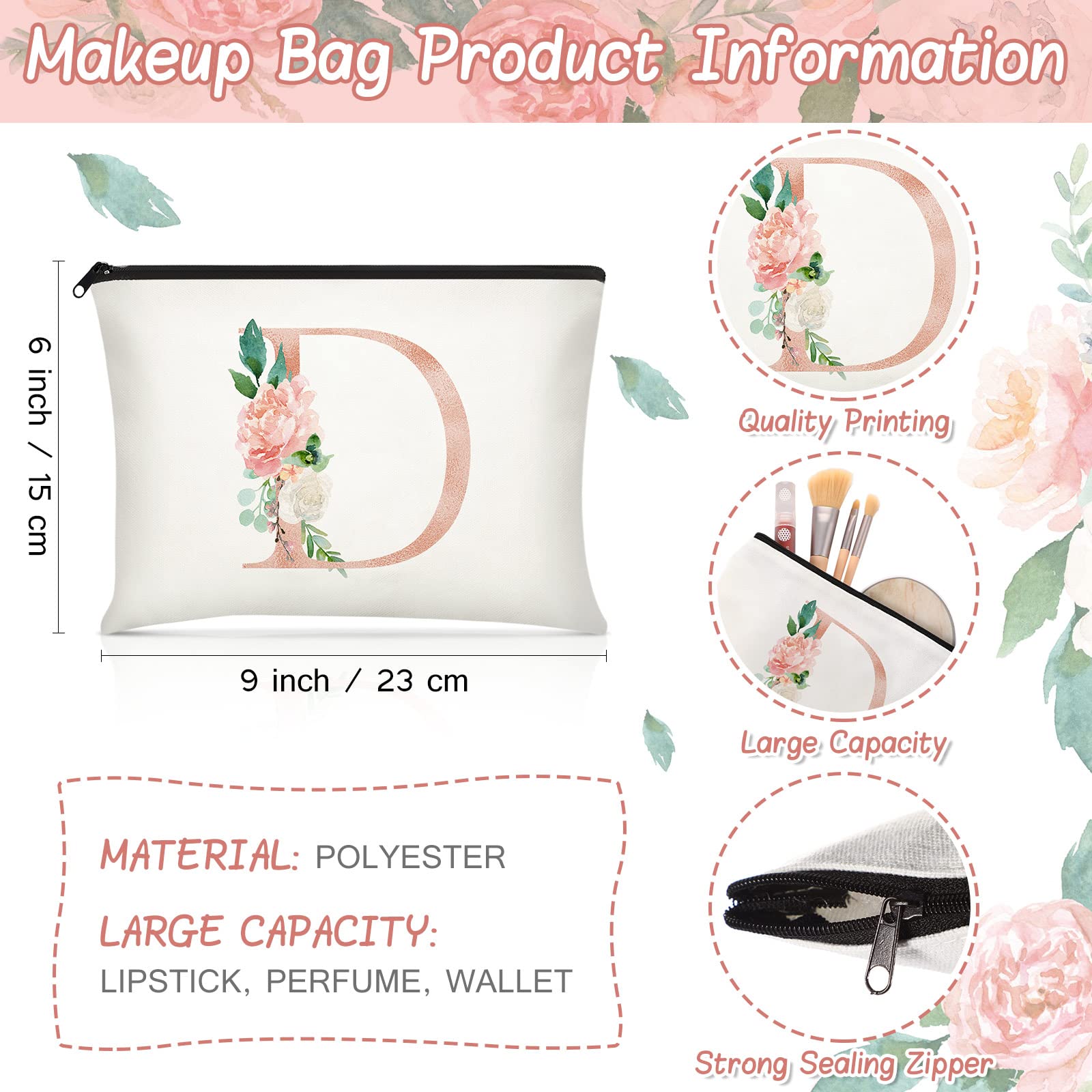 Personalized Floral Monogram Canvas Tote Bags for Women - 2 Pack Initial Cosmetic & Travel Bags - Wedding, Bridal Shower, Beach Day & Shopping Essentials