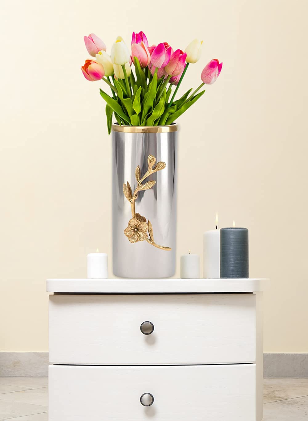 Serene Spaces Living Orchid Stem Tall Vase with Gold Rim & Silver Accents - 9.25