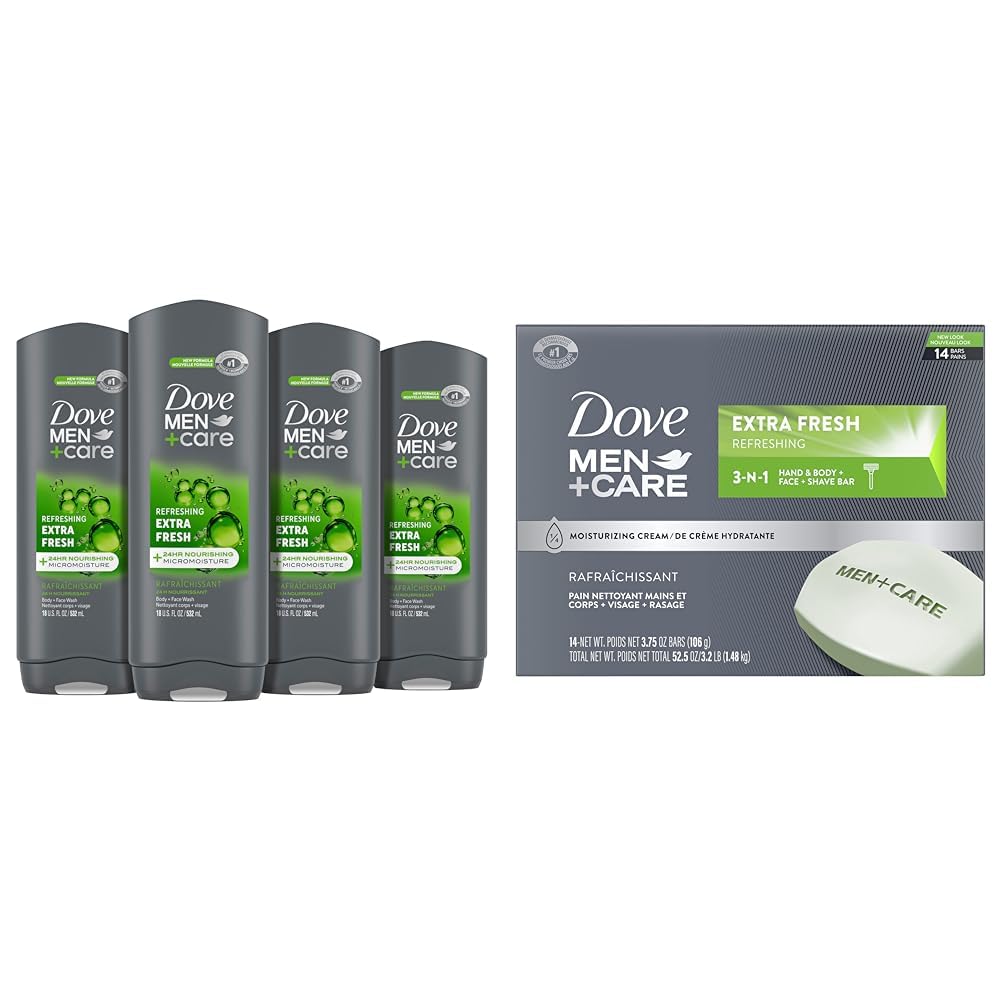 DOVE MEN + CARE Extra Fresh Body Wash 4-Pack & 3-in-1 Bar Soap 14-Pack Bundle - Hydrating & Refreshing Men's Skincare Set for Shower, Gym & Travel