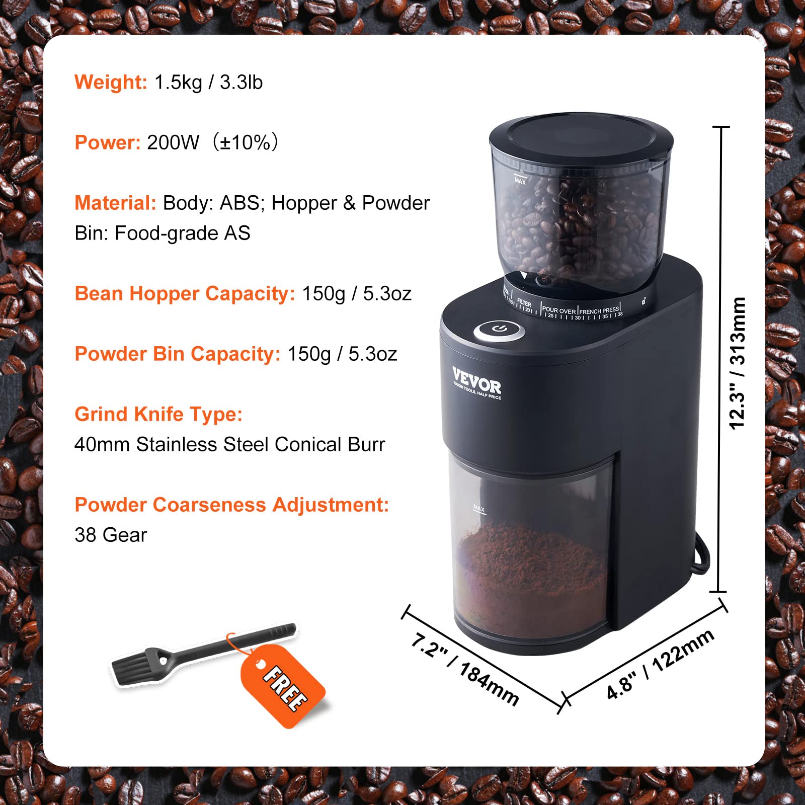 VEVOR Electric Coffee Grinder with Conical Burr - 38 Precise Grind Settings for Espresso, French Press, Drip & More | 5.3oz (20 Cups) Capacity | Perfect for Home, Office & Coffee Shops | Black