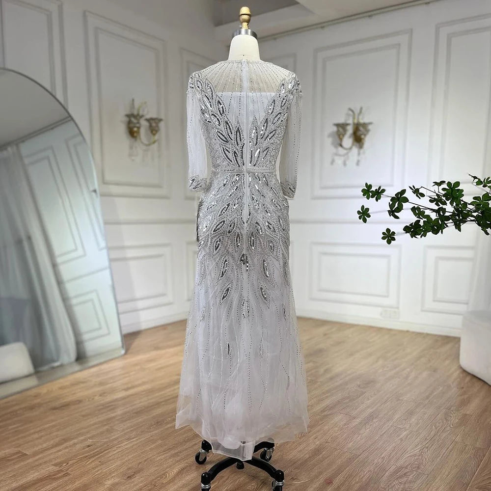 Luxury Arabic Silver White Beaded Evening Gown for Women - Elegant Ankle-Length Dubai Style Dress for Wedding, Party & Special Occasions | LA71999S | Perfect for Red Carpet Events & Formal Gatherings