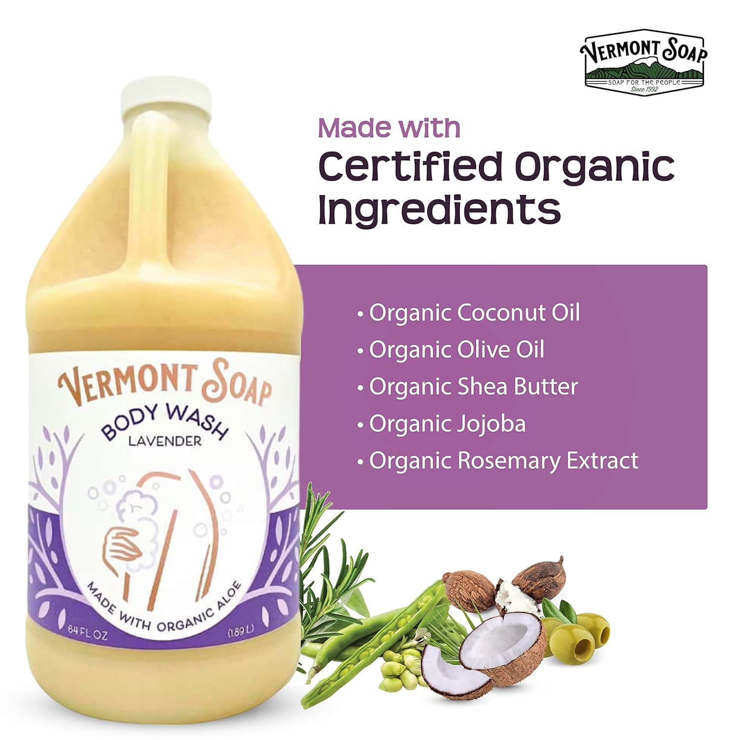 VERMONT SOAP Natural Body Wash with Shea Butter - Fragrance Free Moisturizing Body Wash for Women & Men - Lavender Scented 64oz - Gentle Skin Cleanser for Dry & Sensitive Skin | Perfect for Daily Shower, Spa Day & Relaxation