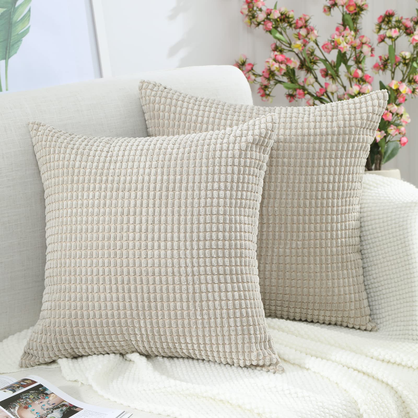 BeBen 26x26 Inch Corduroy Throw Pillow Covers Set of 2 - Soft Square Decorative Cushion Cases for Couch, Sofa, Bed, Bedroom & Car - Khaki Home Decor | Perfect for Living Room Accents, Cozy Bedding & Automotive Comfort
