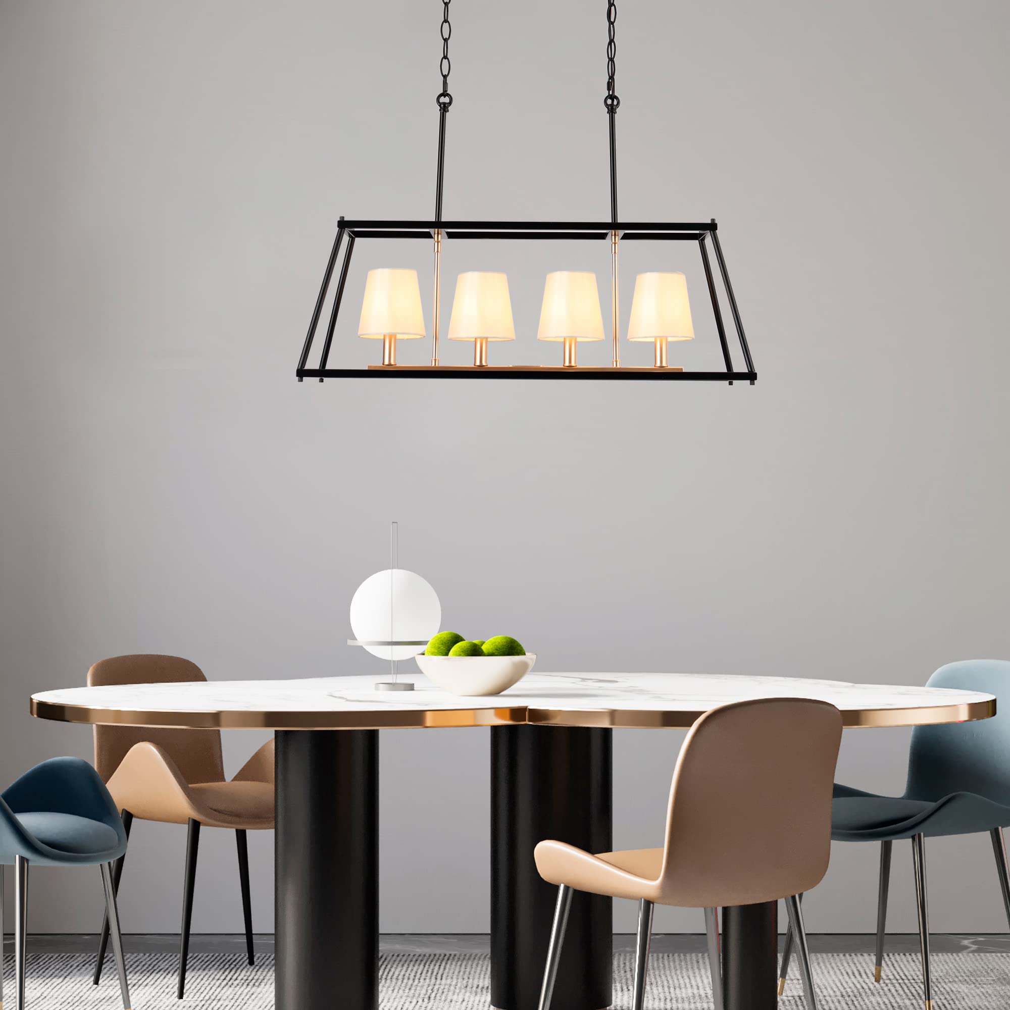 ZEVNI 4-Light Black Gold Chandelier - Modern Linear Dining Room Light Fixture with White Fabric Lampshades | Industrial Kitchen Island Lighting for Restaurants, Cafes & Home Decor