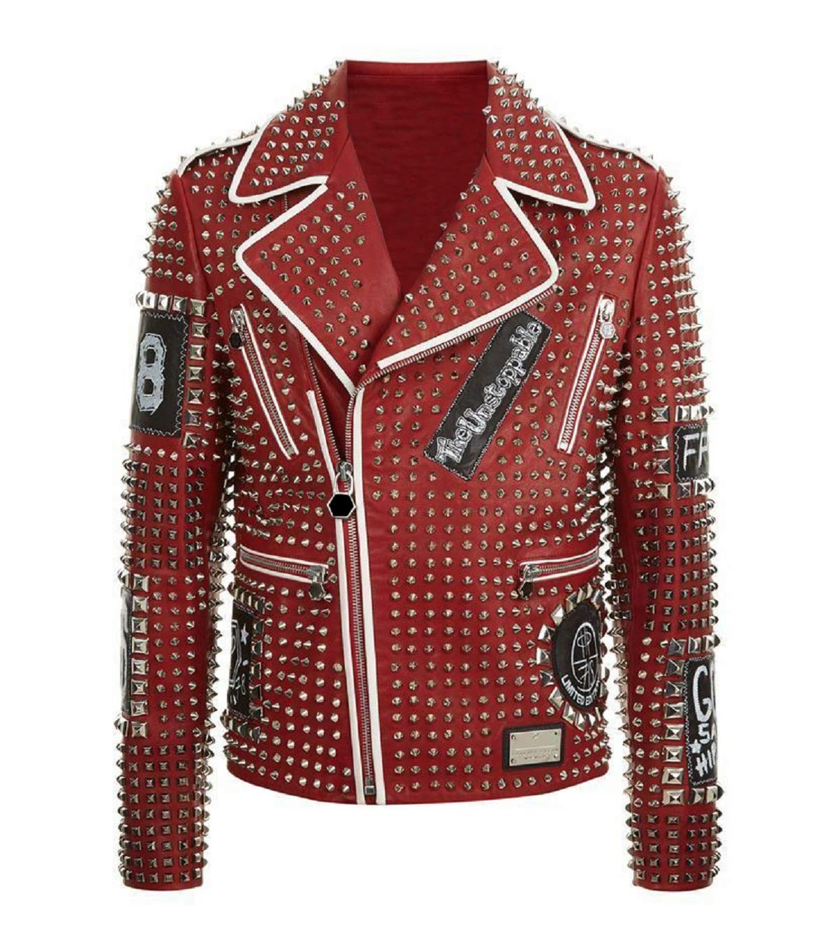 Men's Cafe Racer Studded Biker Punk Motorcycle Leather Jacket - Red Brando Style with Spikes | Perfect for Motorcycle Riding, Rock Concerts & Punk Fashion