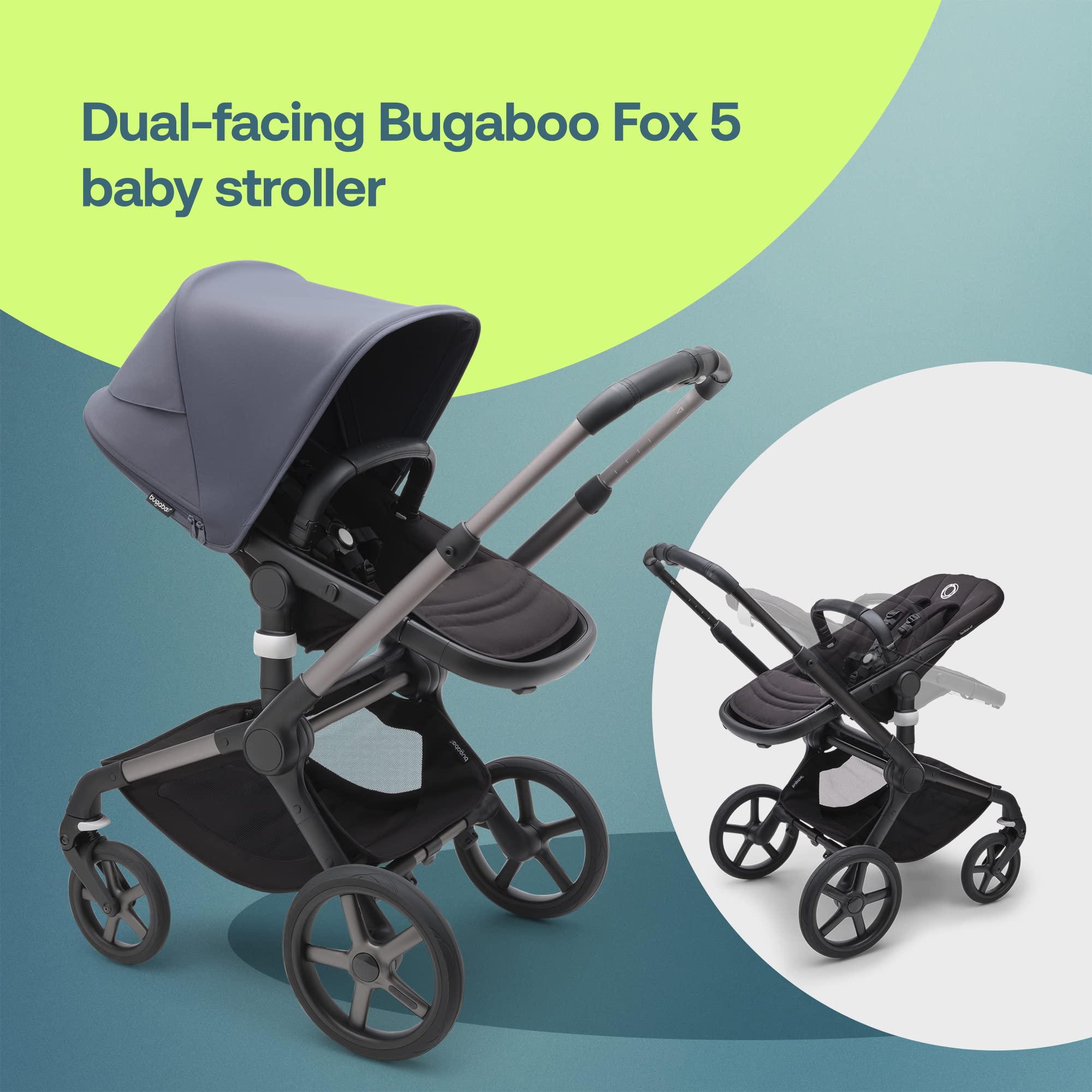 Bugaboo Fox 5 All-Terrain Stroller - 2-in-1 Baby Stroller with Full Suspension & Easy Fold | Spacious Bassinet & Extendable Toddler Seat | One-Handed Maneuverability (Graphite-Stormy Blue) | Perfect for Urban Walks, Park Visits & Travel Adventures