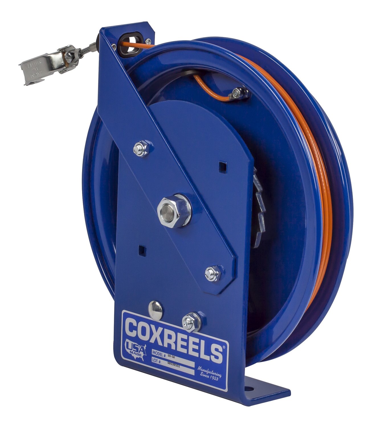 SD-50 Retractable Static Discharge Cable Reel | Heavy Duty Steel Construction | 50ft Length | Easy Maintenance Compact Design | Made in USA | Blue - Perfect for Industrial Workplaces, Manufacturing Facilities & Hazardous Environments