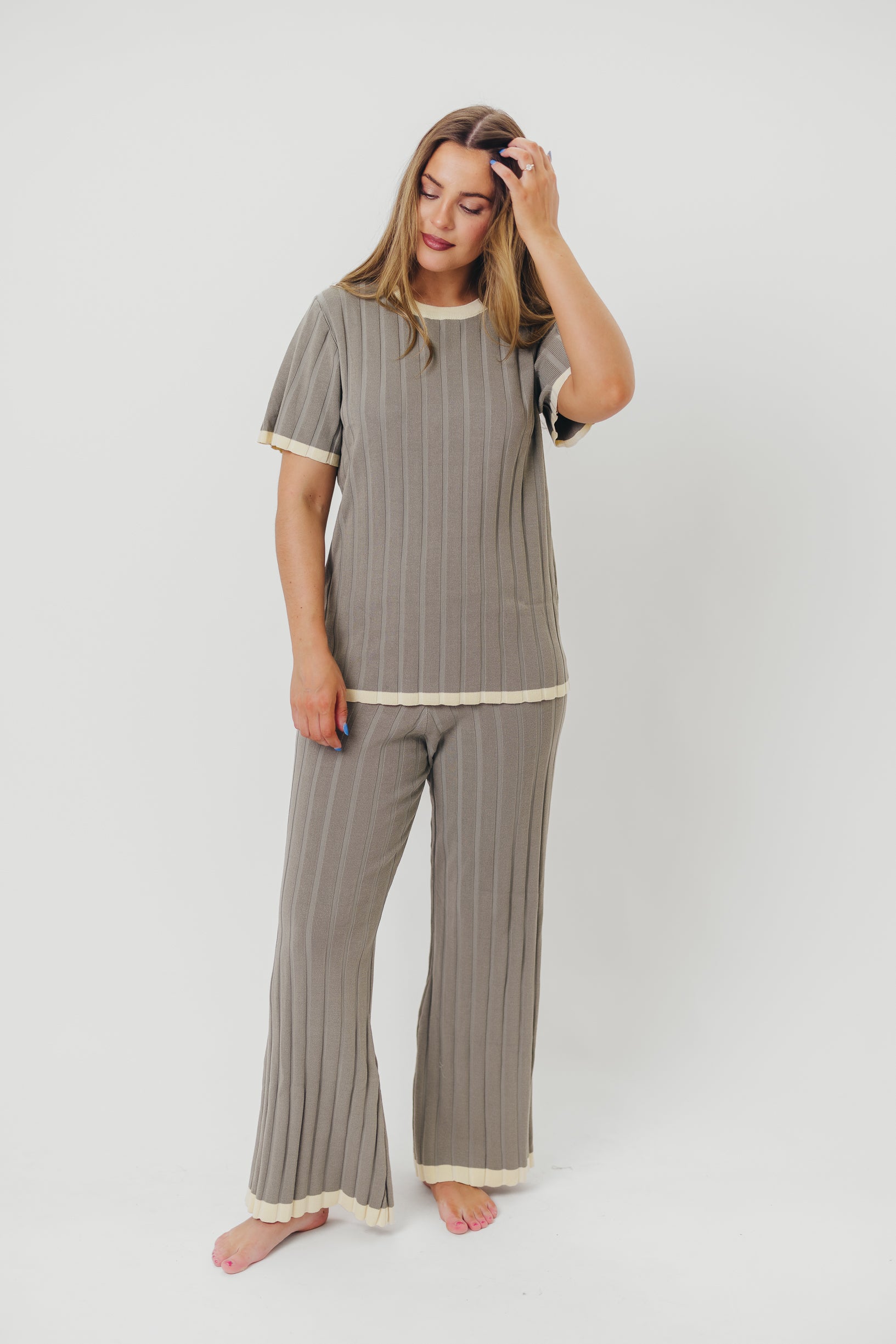 Adele Ribbed Knit Top and Pants Set in Dusty Olive | Women's Casual Outfit for Fall & Winter | Perfect for Work, Travel, and Everyday Wear
