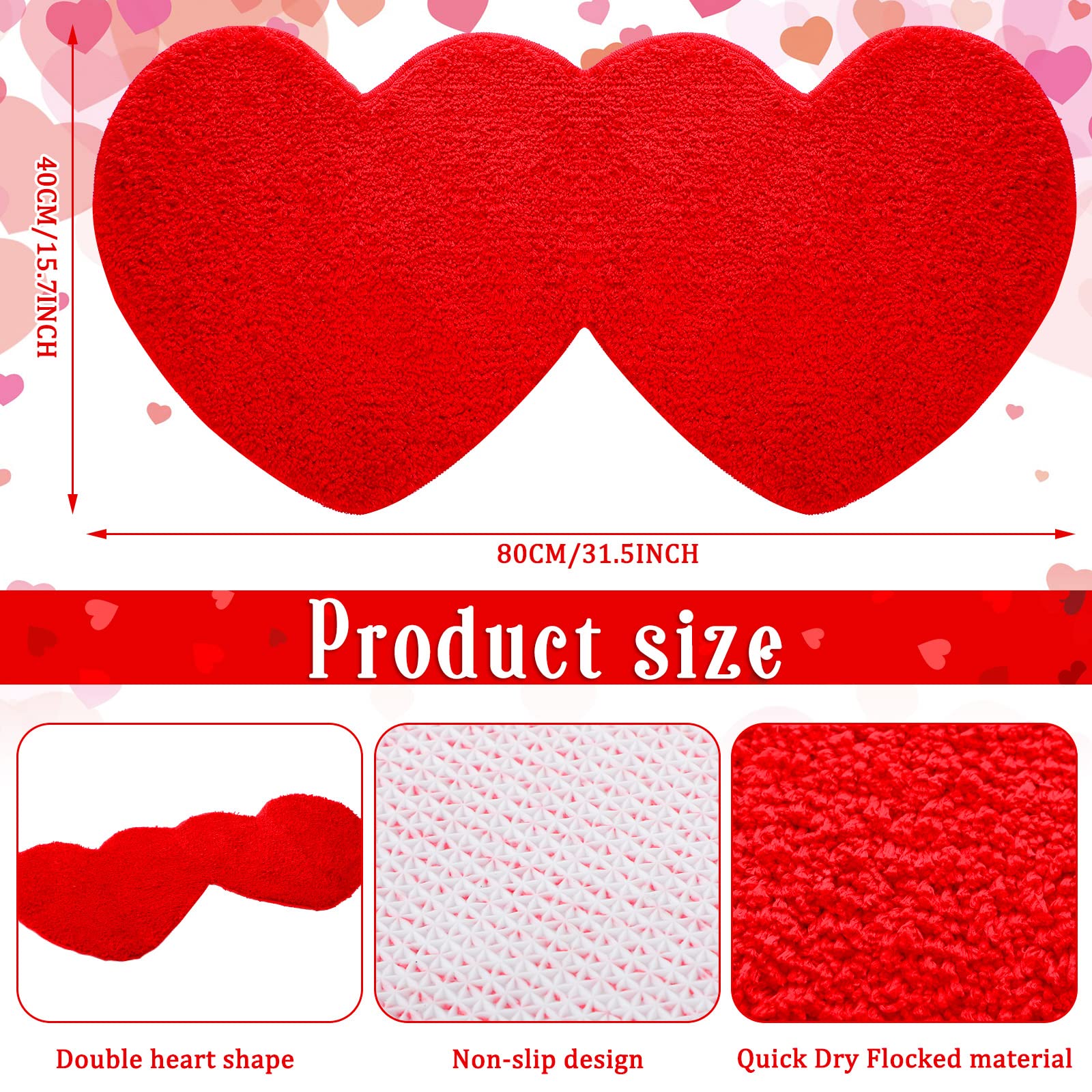 Valentine's Day Heart Shaped Bathroom Rug - Non-Slip Washable Shaggy Doormat for Home, Bedroom & Living Room - 15.75 x 31.5 Inch Red - Perfect for Romantic Decor, Anniversary Gifts & Couples' Home Accessories