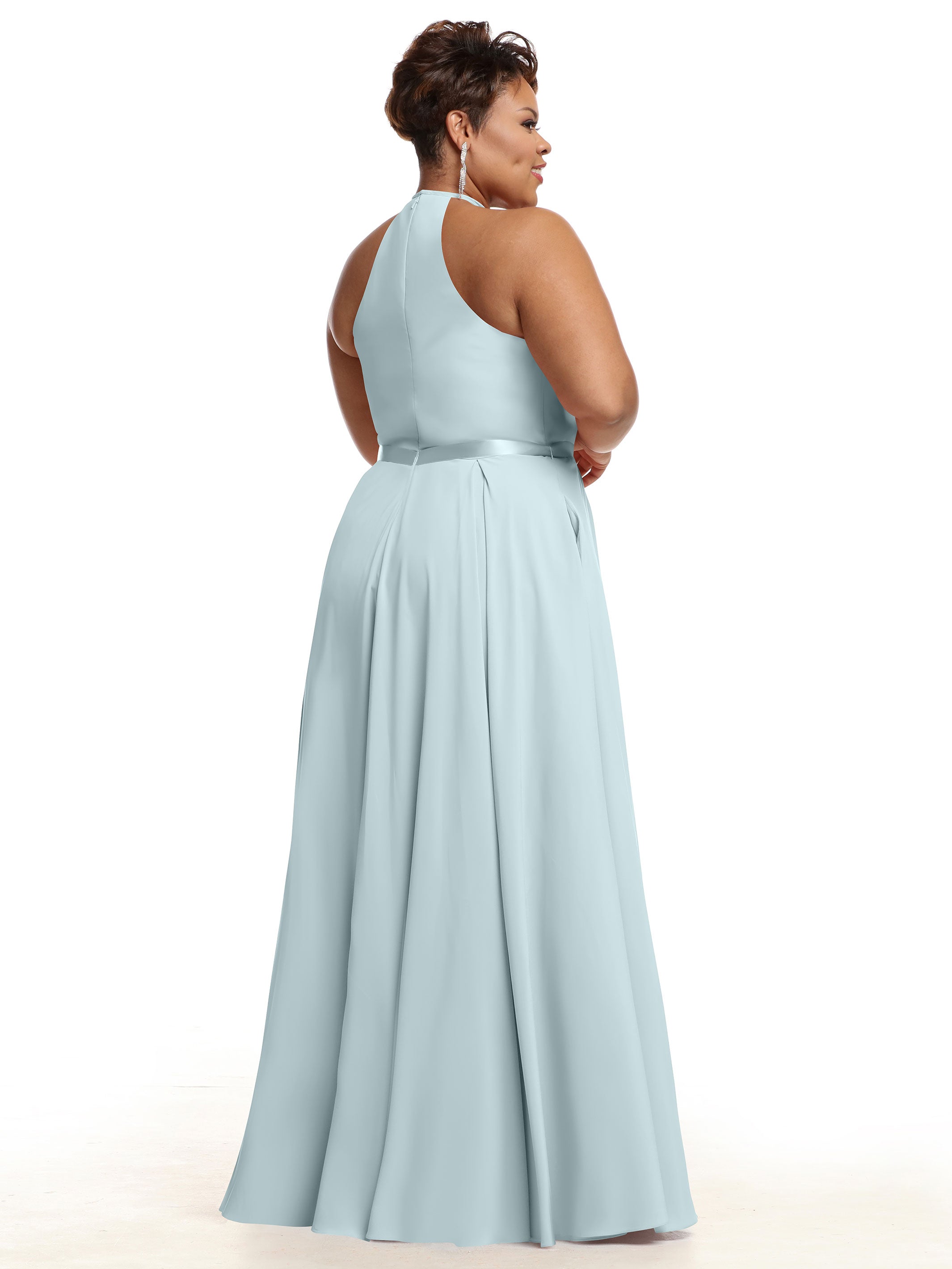 Elegant A-Line Stretch Chiffon Bridesmaid Dress with Halter Neckline & Waist Belt - Perfect for Weddings, Formal Events & Special Occasions