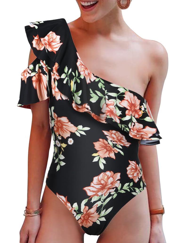 Hilor Women's One Shoulder Asymmetric One Piece Swimsuit with Ruffles - Sexy Bathing Suit for Beach, Pool Party & Summer Vacation