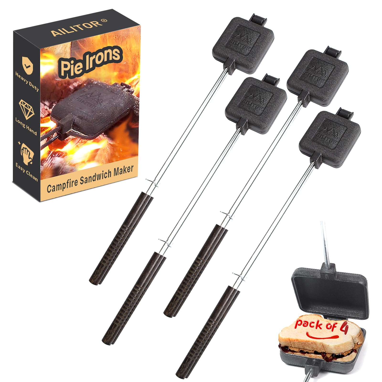 Cast Iron Campfire Sandwich Maker - 4 Pack | Pudgy Pie Maker for Camping, Hiking & Outdoor Cooking | Perfect for Campfire Meals, Picnics & Backpacking Trips