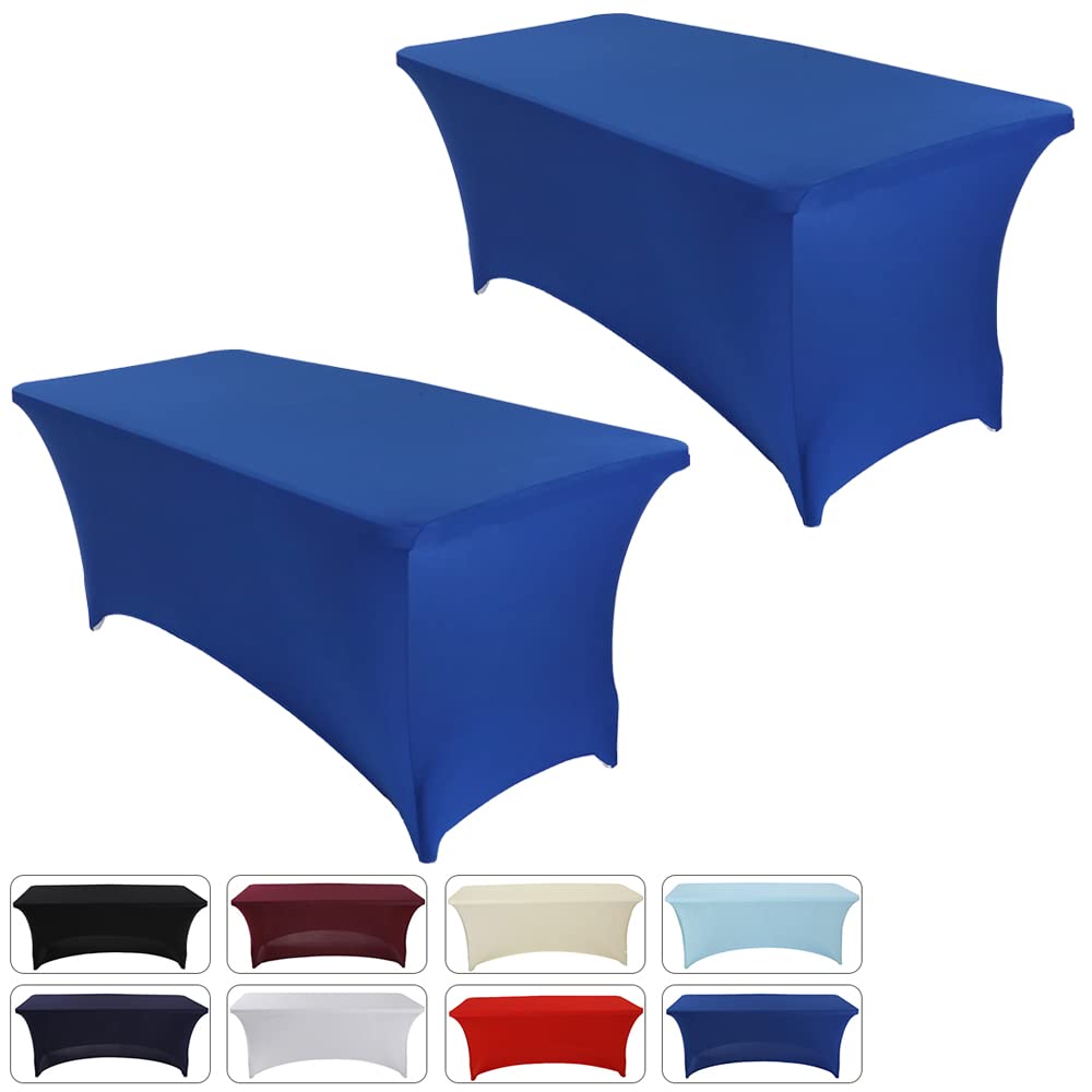2 Pack Stretch Spandex Table Cover for Standard 4ft Folding Tables - Universal Rectangular Fitted Tablecloth Protector for Party, Wedding, Banquet & Events (Royal Blue) - Wrinkle & Stain Resistant Fabric