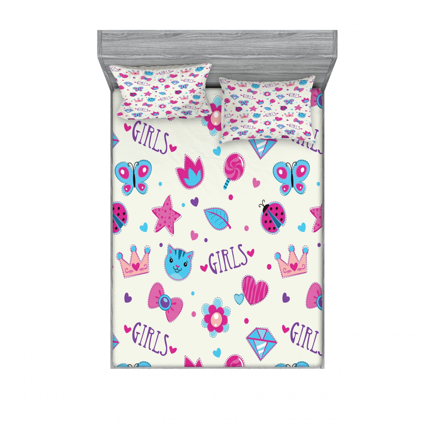 Ambesonne 2-Piece Queen Fitted Sheet Set with 4 Pillow Shams - Fun Bowtie Ladybird Cat Print Bedding in Fuchsia & Blue - Soft Microfiber Sheets for Women's Bedroom Decor & Gift Ideas