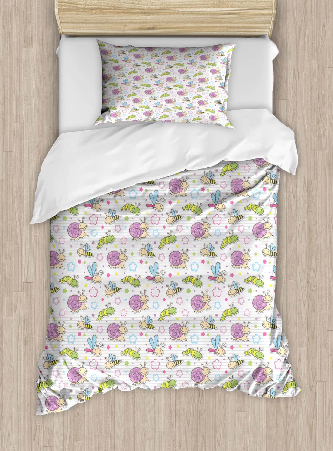 Ambesonne Cartoon Duvet Cover Set - Twin Size 2-Piece Bedding Set with Caterpillar Dragonfly Bees & Flowers Summer Print - Soft Striped Back - Includes 2 Duvet Covers & 2 Pillowcases - Multicolor - Perfect for Kids' Bedrooms, Dorm Rooms & Summer Themed Decor