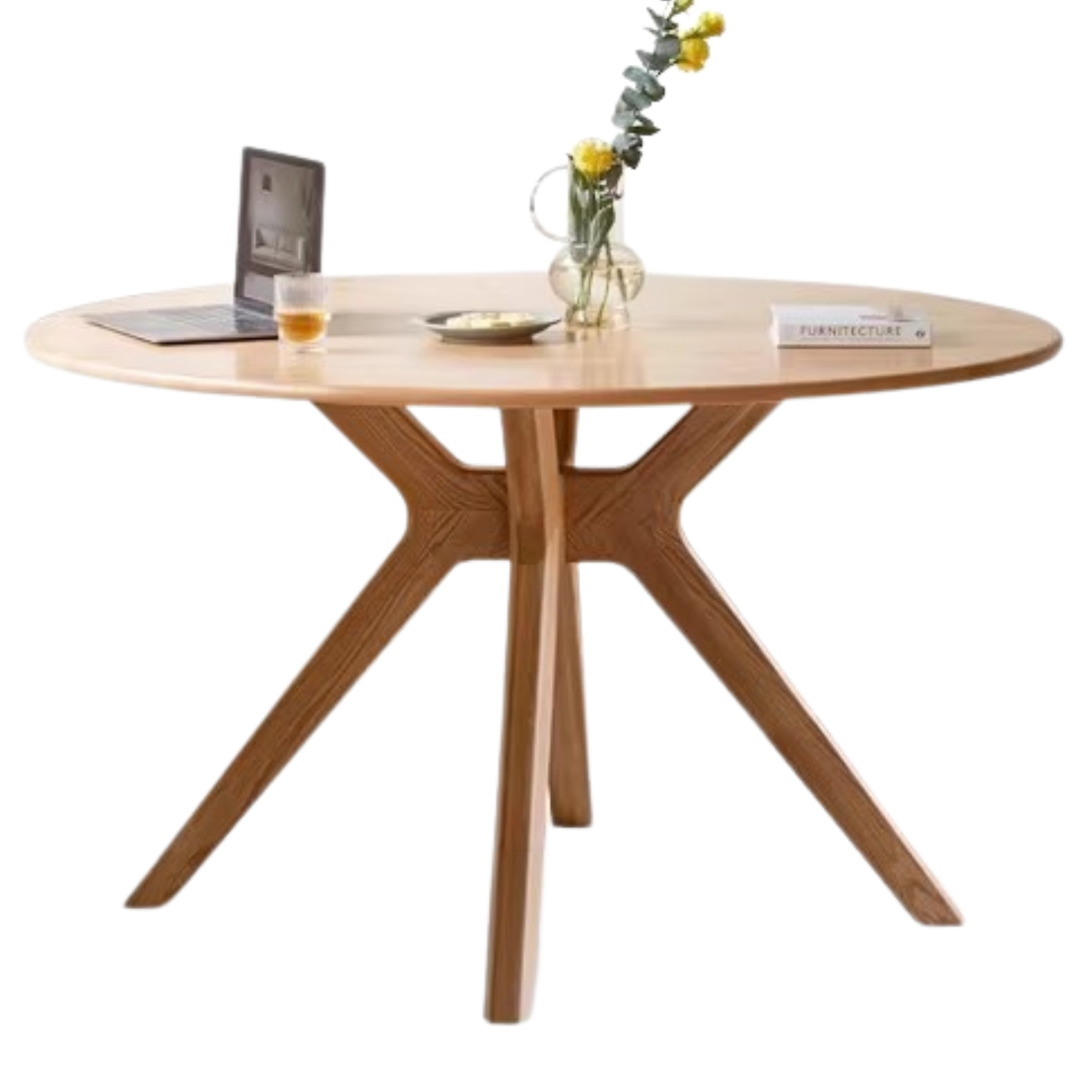 Solid Oak Wood Round Nordic Dining Table with Rock Slab Surface - Modern Farmhouse Kitchen & Dining Room Furniture for Family Gatherings