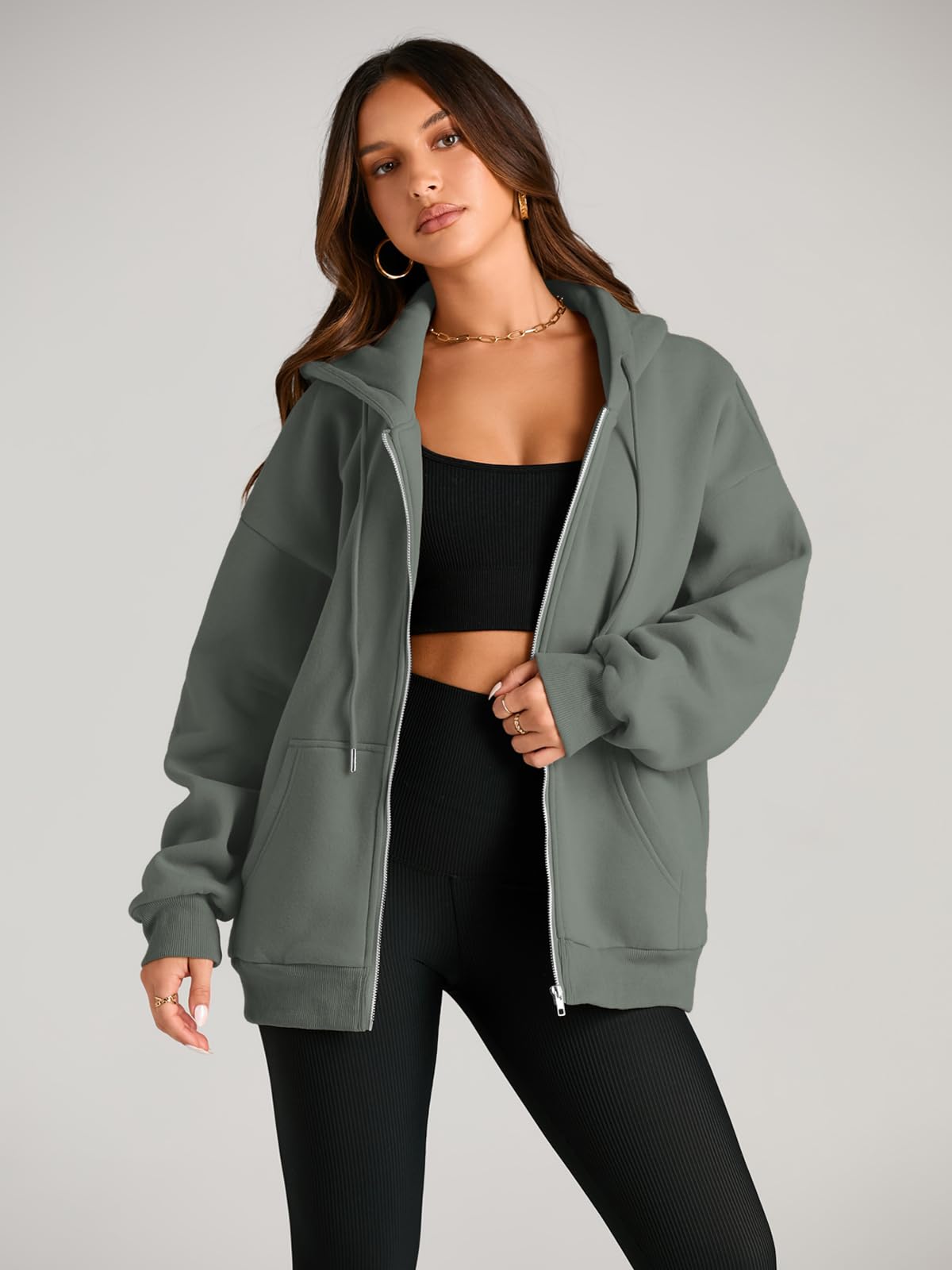 EFAN Women's Oversized Zip Up Hoodie with Drawstring & Pocket - Cute Fall Jacket Casual Sweatshirt for Streetwear, Lounge & Outdoor Activities
