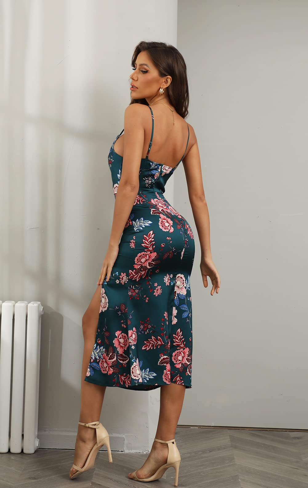 Elegant Women's Sleeveless Spaghetti Strap Satin Dress for Wedding Guest, Party & Formal Occasions | Cowl Neck Backless Midi Dress | Perfect for Evening Events, Cocktail Parties & Special Celebrations