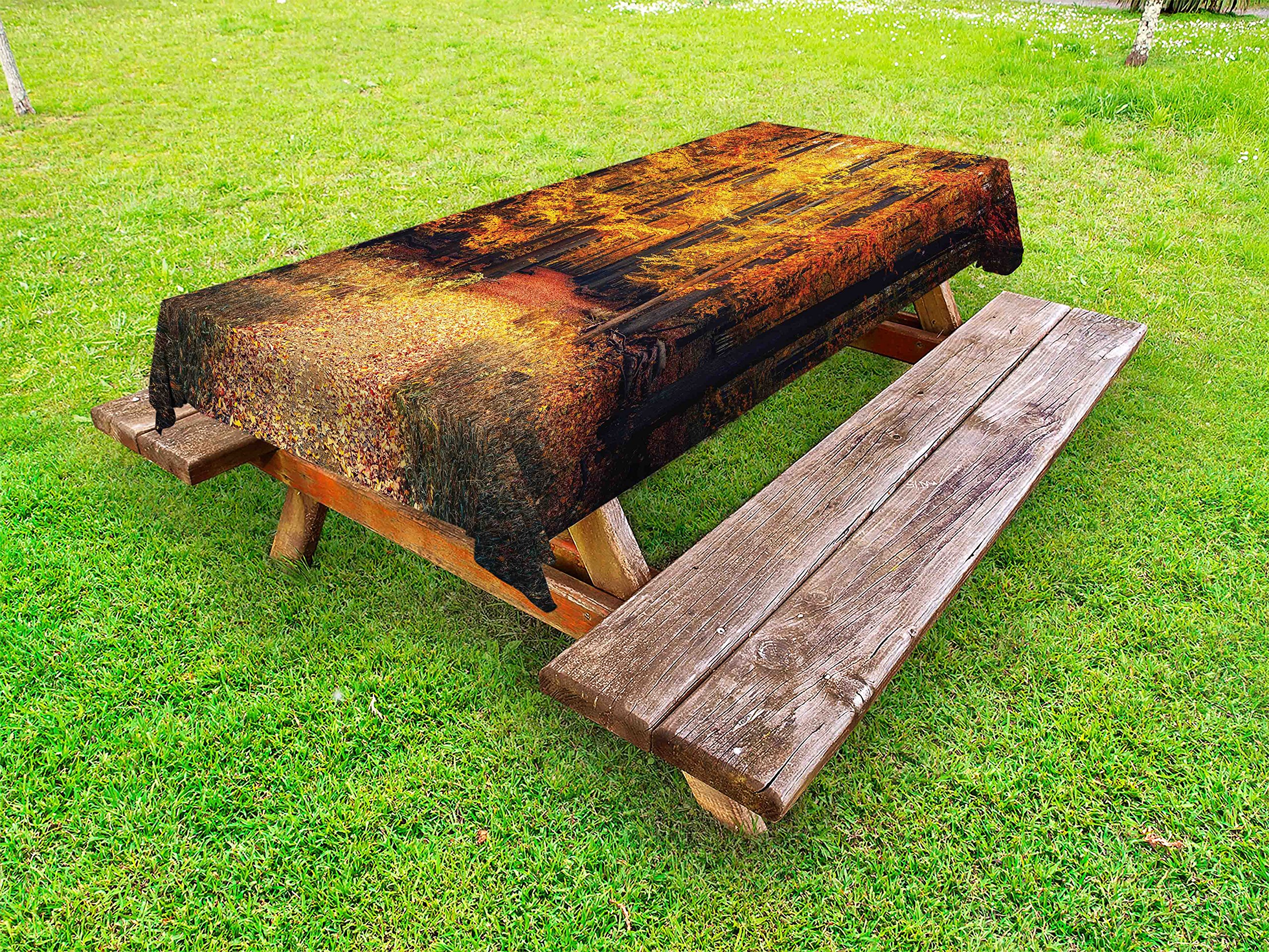 Ambesonne Waterproof Outdoor Tablecloth - Fall Forest National Park Theme with Vivid Leaves, Eco-Friendly Washable Picnic Table Cover 58