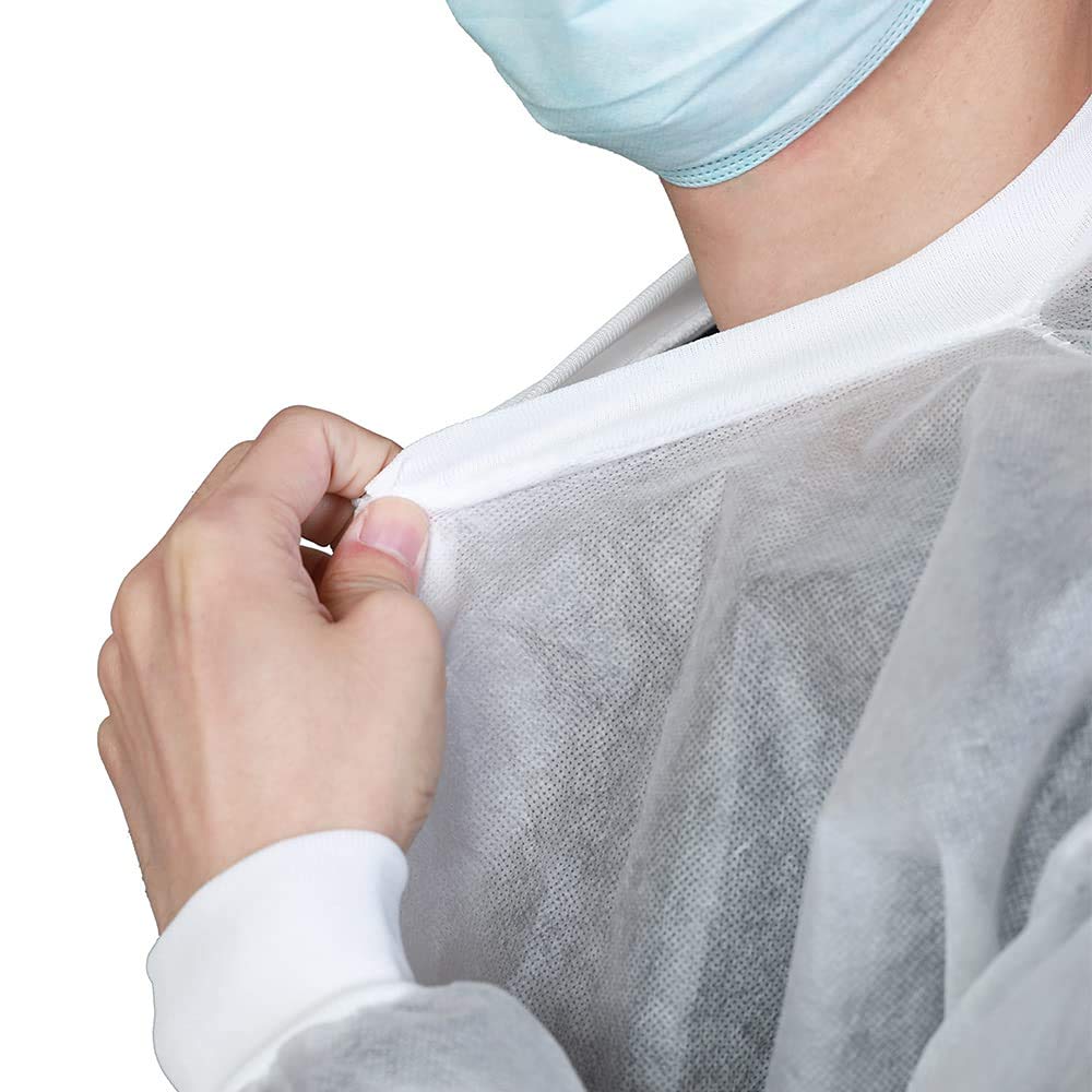 Greenour Disposable Lab Coats with Pockets - Case of 50 White Lab Coats for Adults (Sizes Small to XX-Large) - Knitted Collar & Cuffs - Ideal for Medical, Laboratory, and Cleanroom Use