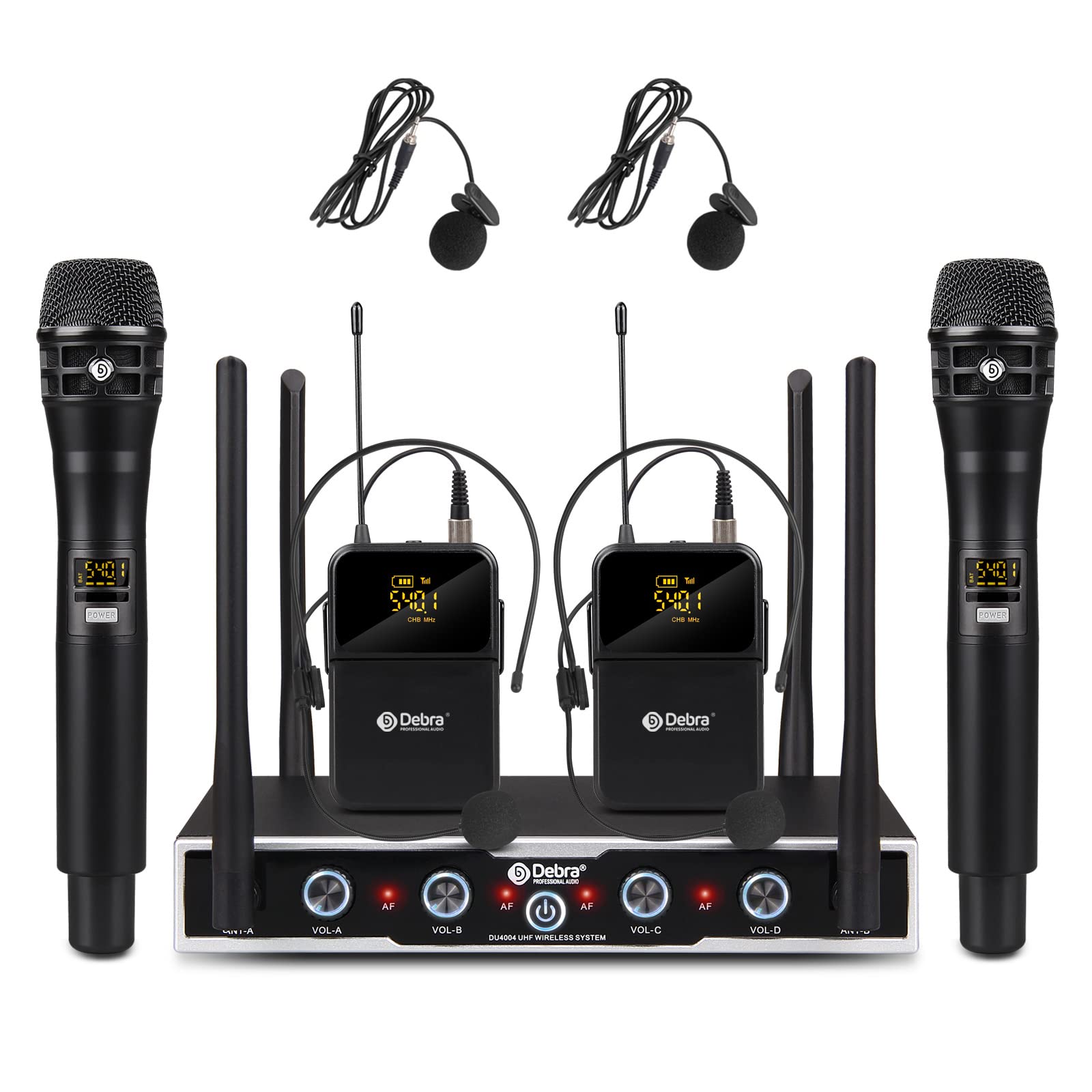Professional DU4004 UHF Wireless Microphone System - 4 Adjustable Channels with 2 Handheld & 2 Lavalier Mics for Church, Meetings, Speeches & Events | D Debra Audio