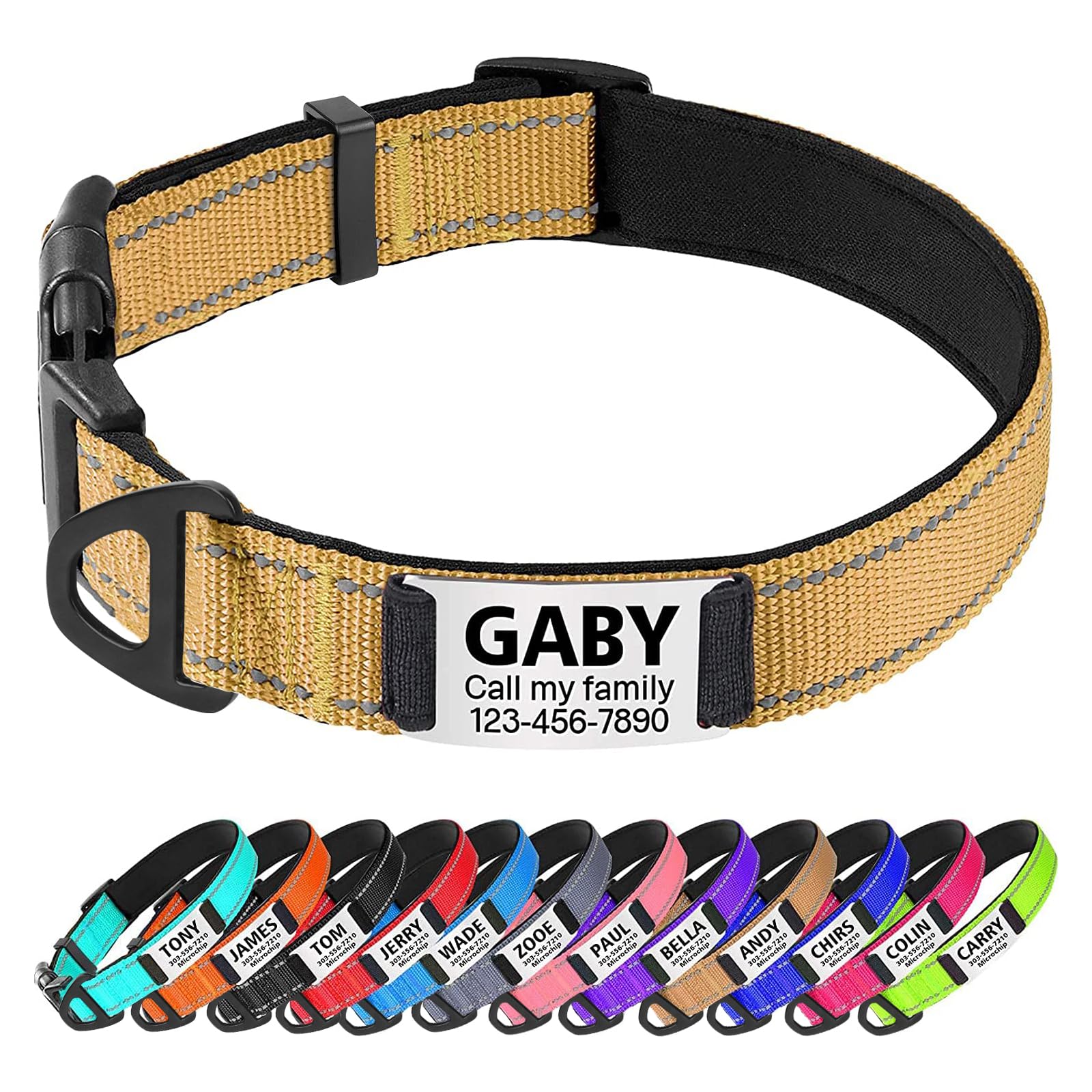 Personalized Dog Collar with Name Plate | Custom Engraved Reflective Pet Collar for Large Dogs | Khaki Color | Perfect for Night Walks & Outdoor Adventures