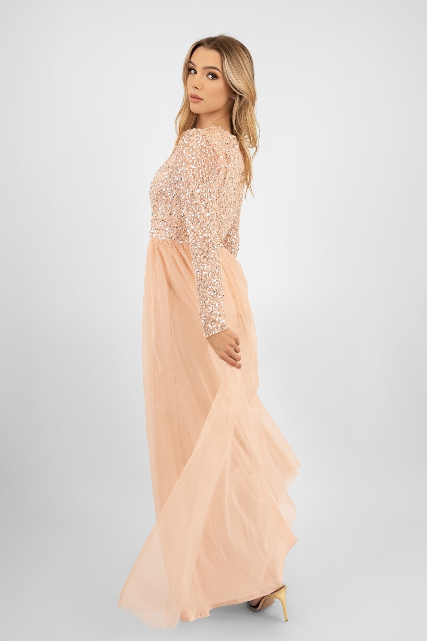 Elegant Belle Blush Pink Long Sleeve Bridesmaid Dress - Formal Wedding Party Gown for Bridesmaids, Evening Events & Special Occasions