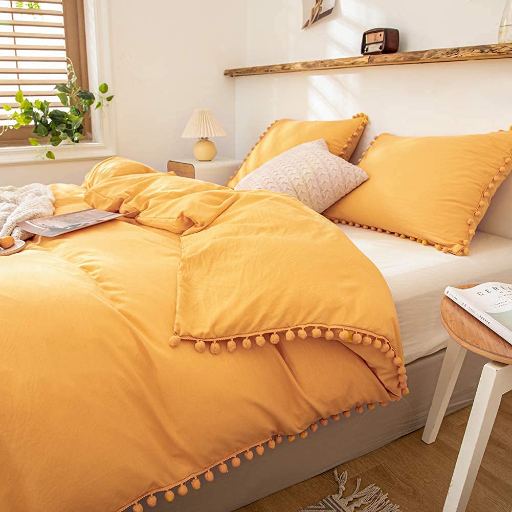 Soft Washed Microfiber Boho Pillowcases Set of 2 - Queen Size Yellow Pillow Covers with Pom Pom Trim for Girls & Women | Perfect for Bedroom Decor, Boho Chic Home Styling and Cozy Living Room Accents