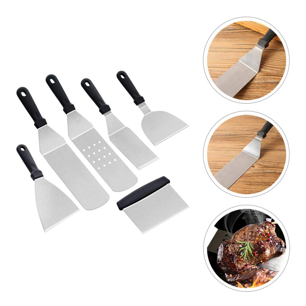 6-Piece Stainless Steel BBQ Spatula Set - Heavy Duty Metal Griddle Turner, Scraper & Camping Spatula for Grilling, Flat Top Cooking & Outdoor Barbecues | Perfect for Backyard BBQs, Tailgating & Camping Trips