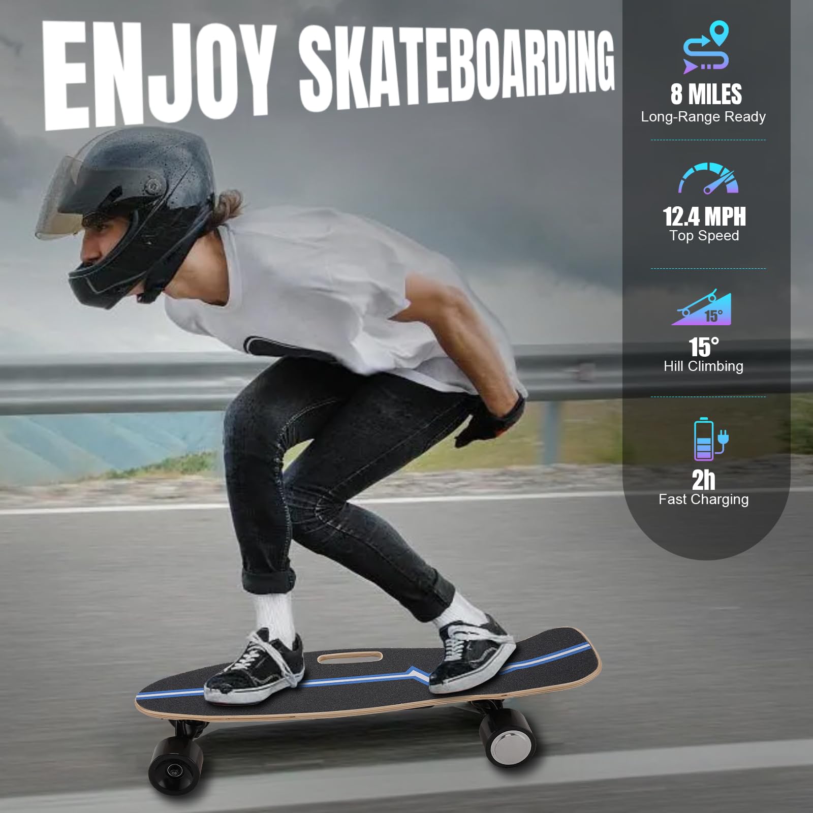 Caroma Electric Skateboard with Remote Control - 12.4 MPH Top Speed & 8 Mile Range - 3 Speed Modes for Beginners - Electric Longboard for Adults & Teens - Perfect for Commuting, Campus Travel & Outdoor Adventures