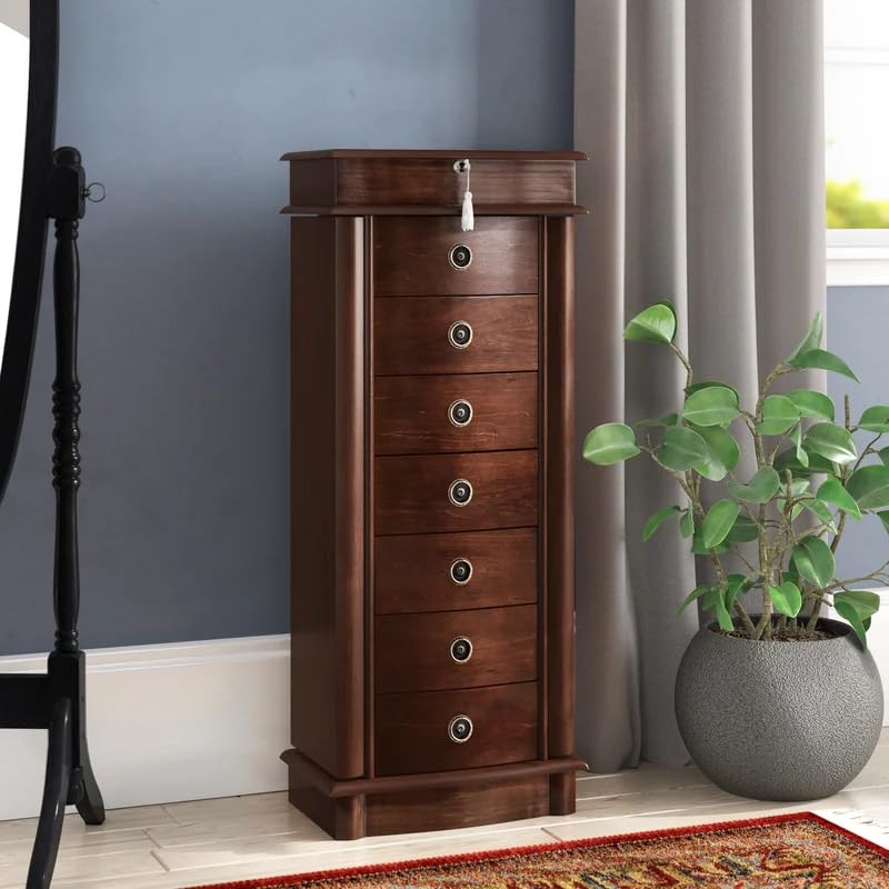 Noelle Standing Jewelry Armoire Cabinet with Lock - 7 Drawer Jewelry Storage Organizer with Flip Mirror - Walnut Jewelry Chest for Necklaces, Earrings & Bracelets - Perfect for Bedroom, Closet & Dressing Room Organization