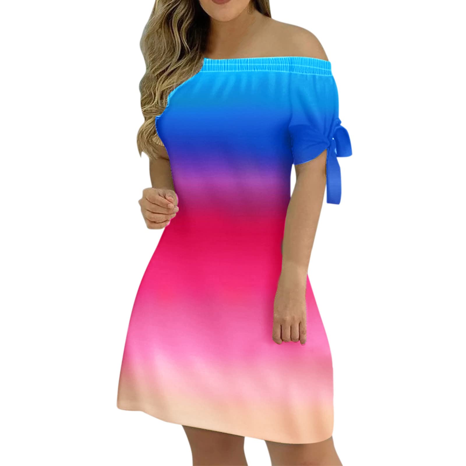 Women's Fashion Casual Summer Off Shoulder Print Dress - Stripe Lace Up Short Sleeve Mini Dress for Beach, Party & Date Night