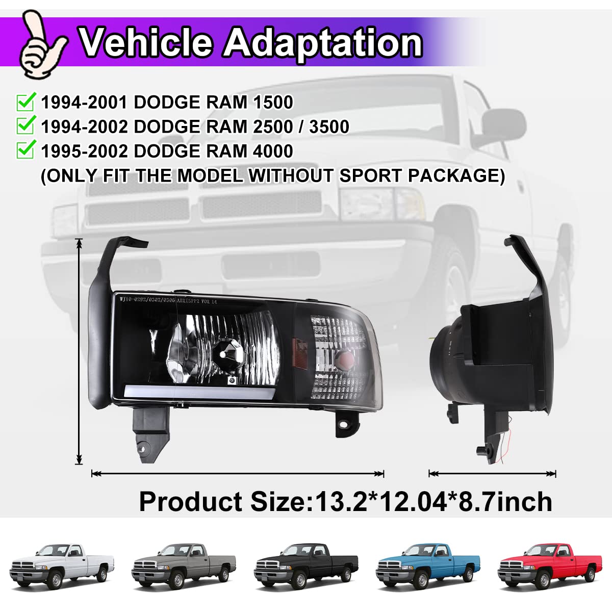 Nixon Offroad LED Headlights for Dodge Ram 1500/2500/3500 (1994-2002) - High/Low Beam Projector Headlight Assembly with DRL & Turn Signal - 1 Pair Matte Black Housing & Clear Lens - Perfect for Off-Roading, Night Driving & Truck Upgrades