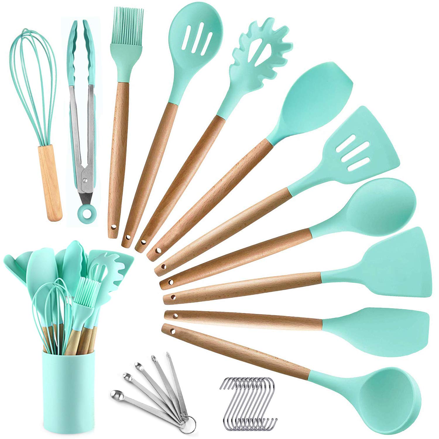 27-Piece Non-Stick Silicone Cooking Utensil Set with Wooden Handle & Holder - Heat Resistant Kitchen Tools for Baking, Frying & Cooking - Perfect for Home Chefs & Professional Kitchens
