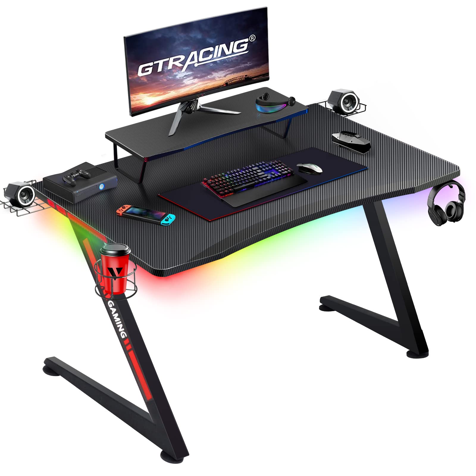 GTRACING 44 Inch Gaming Desk with LED Strip Lights - Z-Shaped Carbon Fiber Computer Desk with Monitor Stand, Cup Holder, Tablet/Gamepad Holder & Headphone Hook - Perfect for Esports, Streaming & Home Office Setup