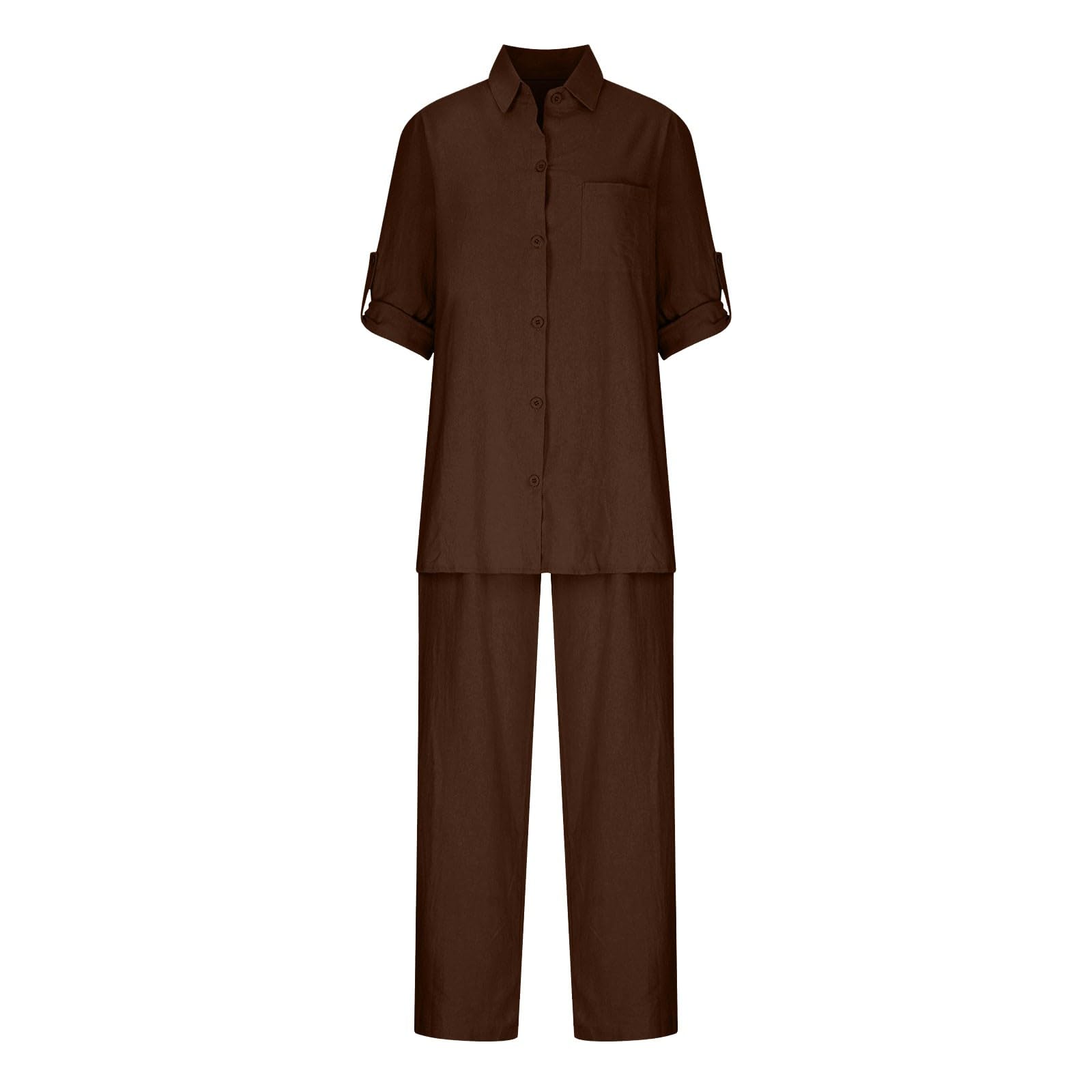 2 Piece Linen Outfits for Women - Summer Button Down Shirts & Pants Set - Lightweight Casual Lounge Wear - Comfy Going Out Clothes 2024 - Perfect for Beach Vacations, Brunch Dates & Relaxing at Home