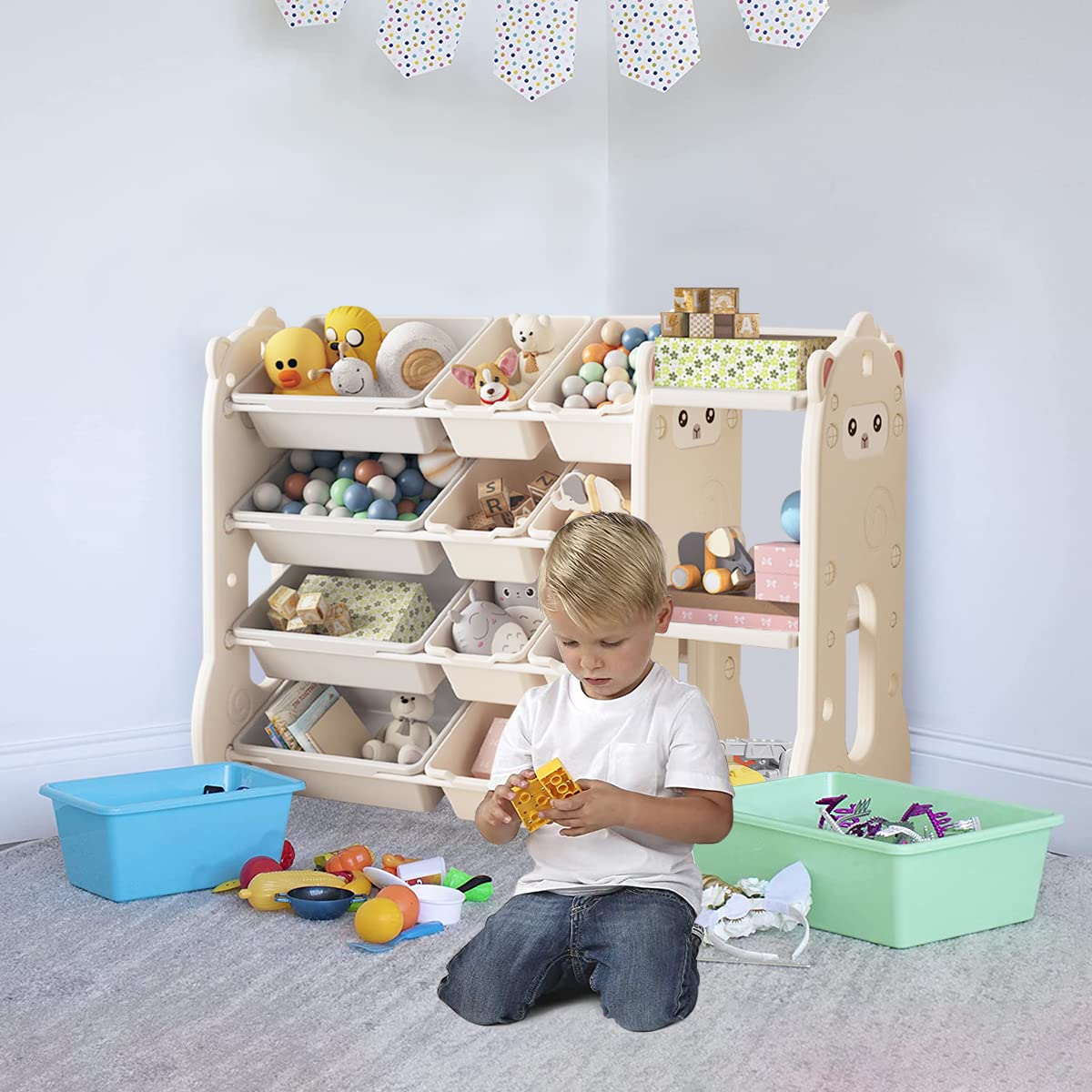 **4-Tier Kids Bookshelf with 12 Storage Bins - Multi-Purpose Toy Organizer for Books & Toys - White Toddler Bookcase for Playroom, Bedroom, Daycare & Nursery - Perfect for Organizing and Decorating Kids' Spaces**
