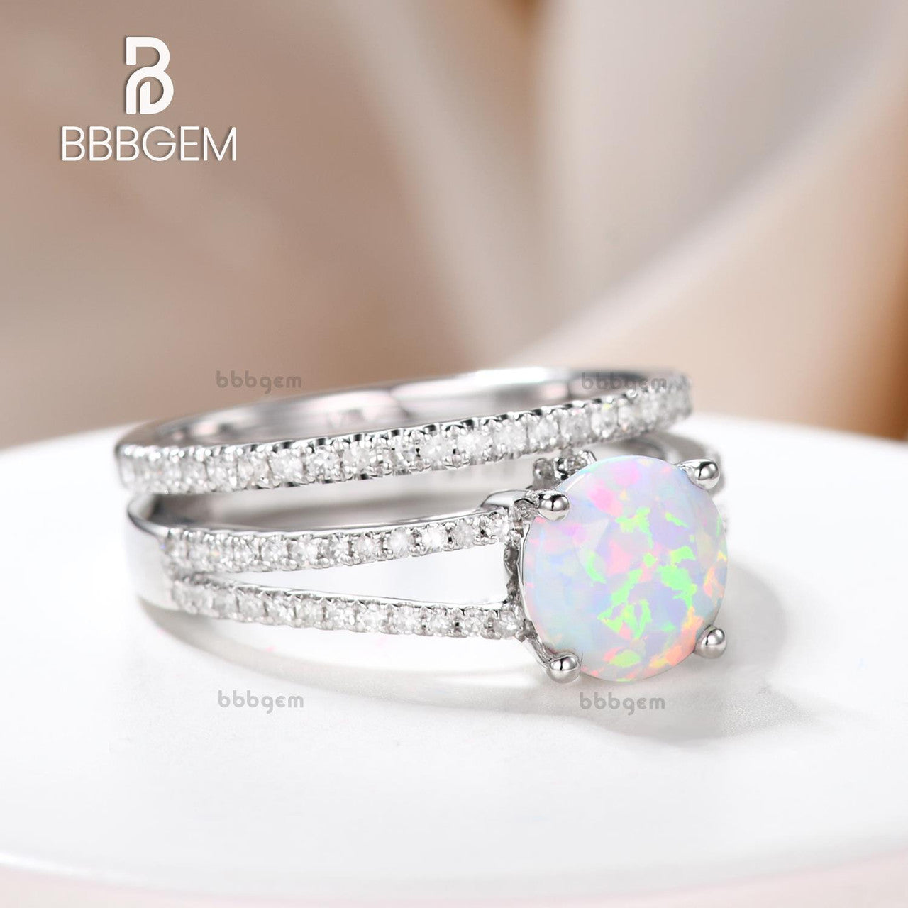 Vintage Opal Engagement Ring Split Shank Set with Pave Diamond Band - Elegant Wedding Jewelry for Brides, Anniversary Gifts & Special Occasions