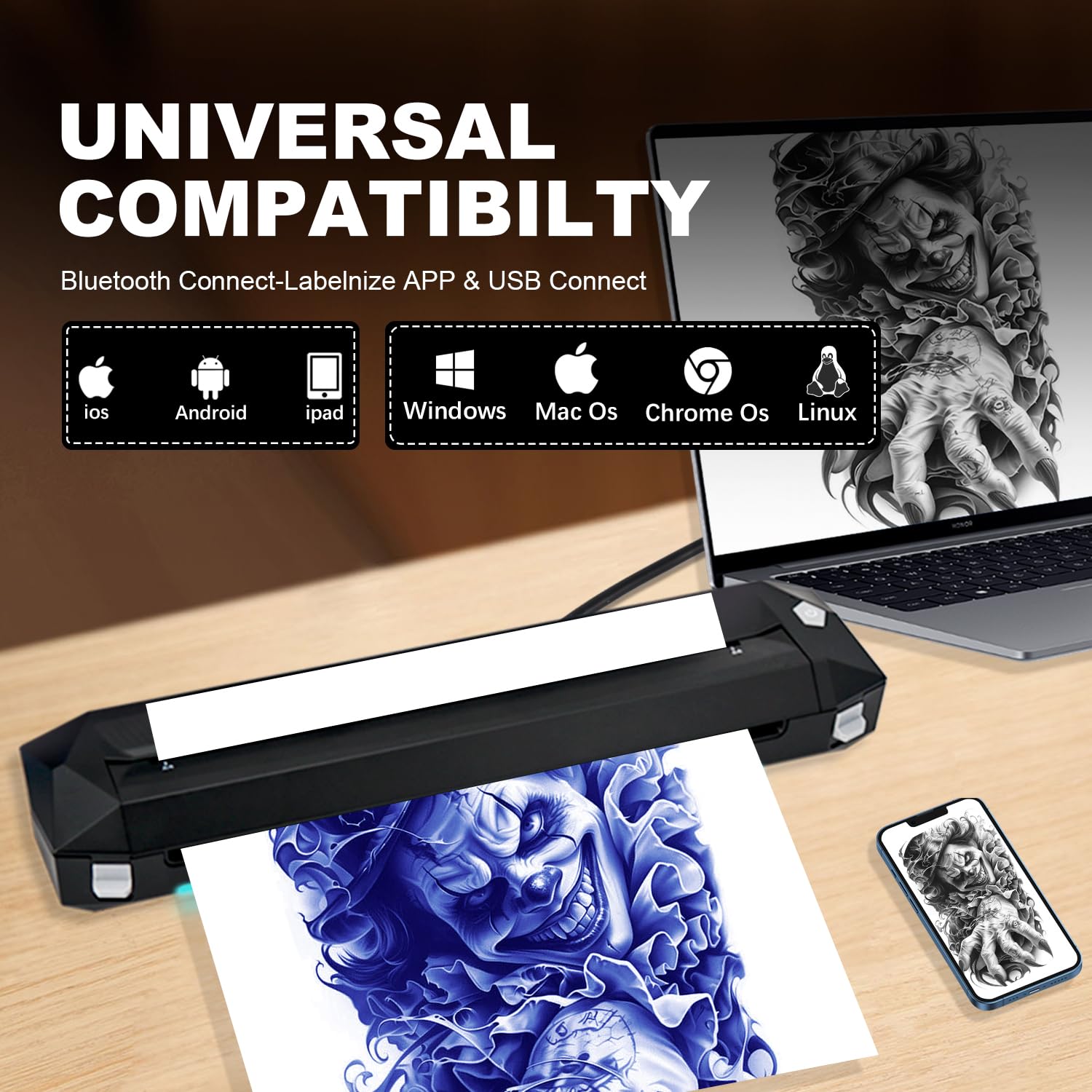 Wireless KVM Tattoo Stencil Printer - Bluetooth & USB Thermal Transfer Paper Printer for Tattoo Artists & Beginners | Smartphone & Laptop Compatible | Perfect for Tattoo Studio, Home Practice & Professional Use
