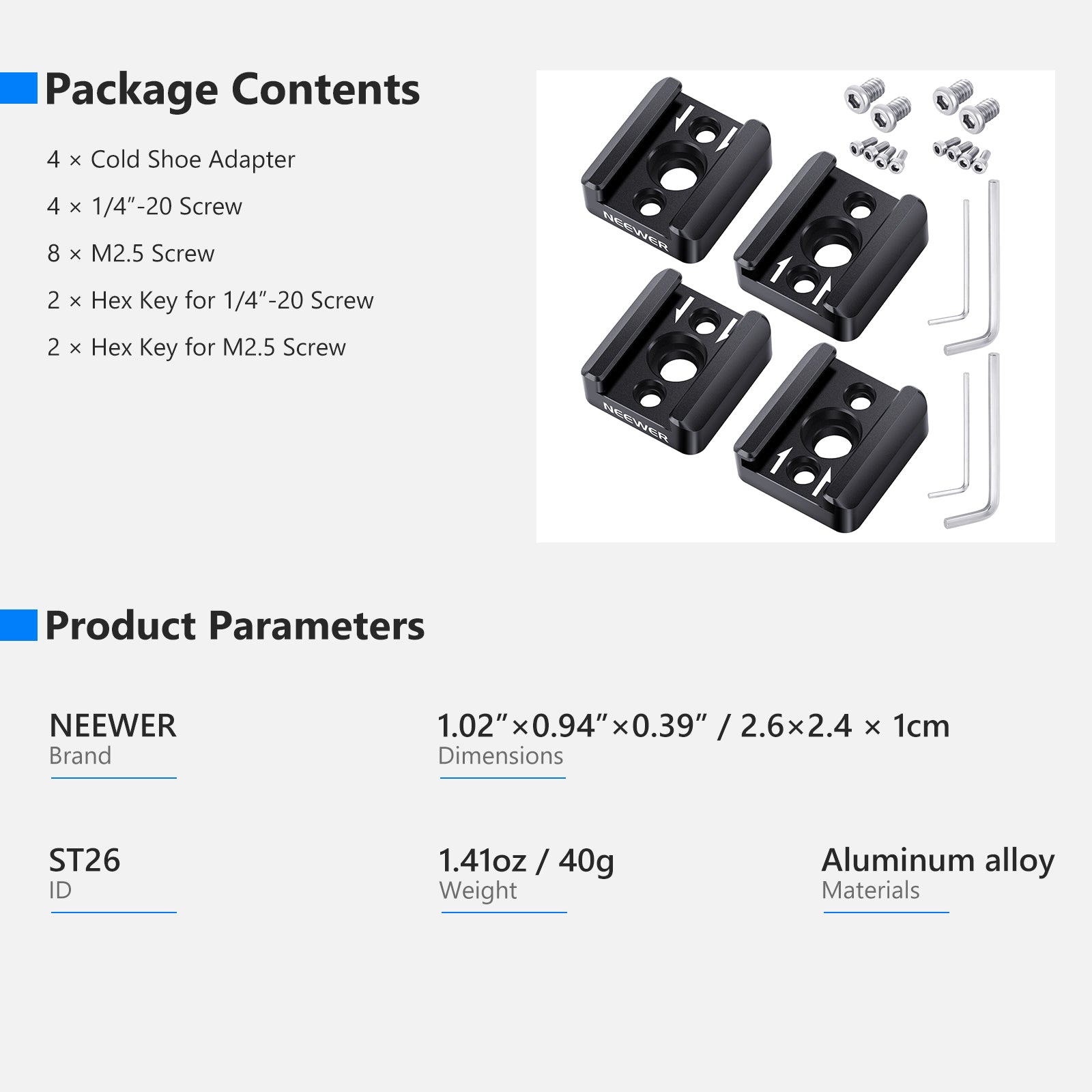 NEEWER ST26 4 Pack Cold Shoe Mount Adapter for DSLR Camera, Camcorder, LED Light & Microphone - Perfect for Photography, Videography & Studio Equipment Setup