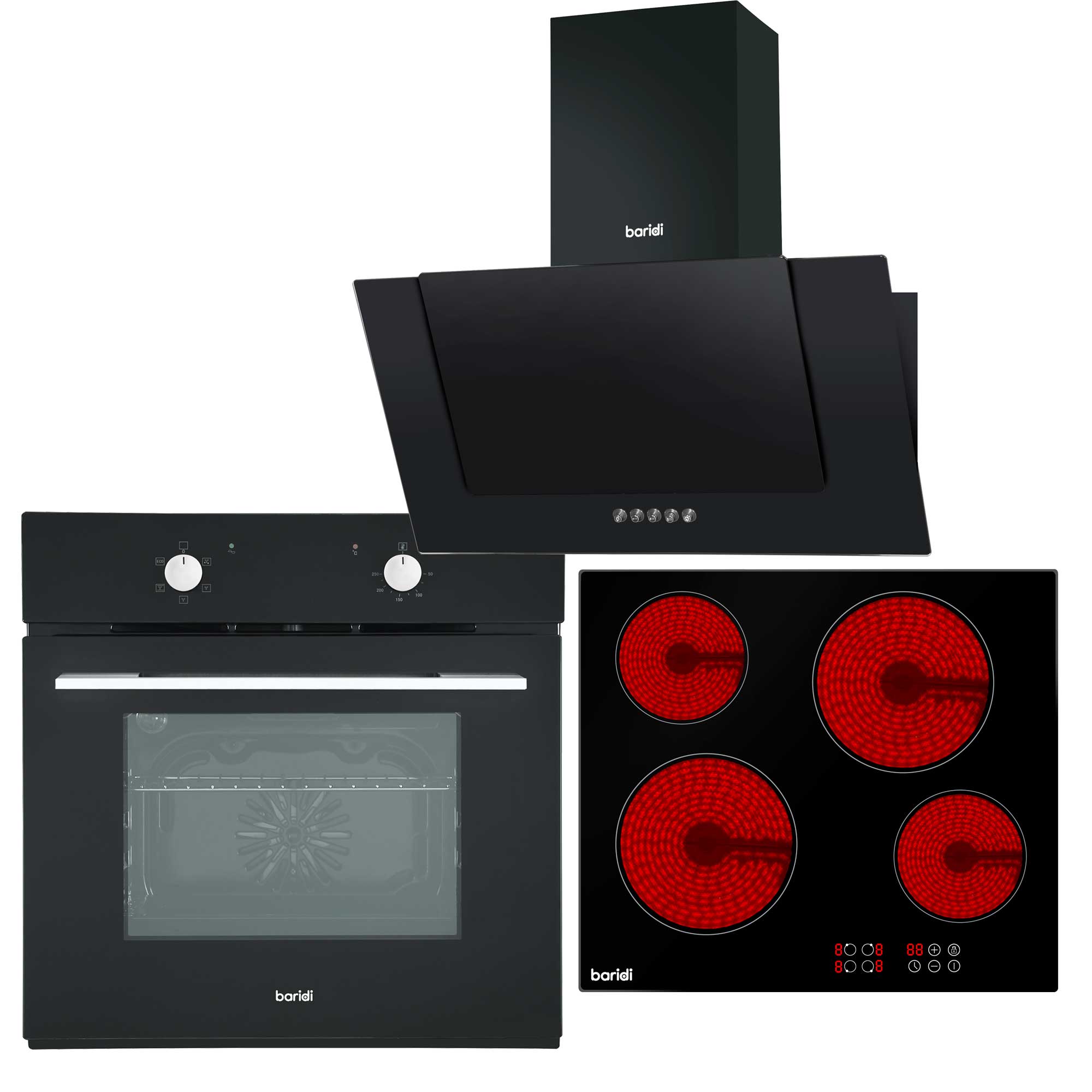 Baridi 4-Zone Ceramic Hob with 5-Function Fan Assisted Oven & Angled Cooker Hood Bundle - DH186 | Perfect for Modern Kitchens, Baking, Roasting & Family Cooking