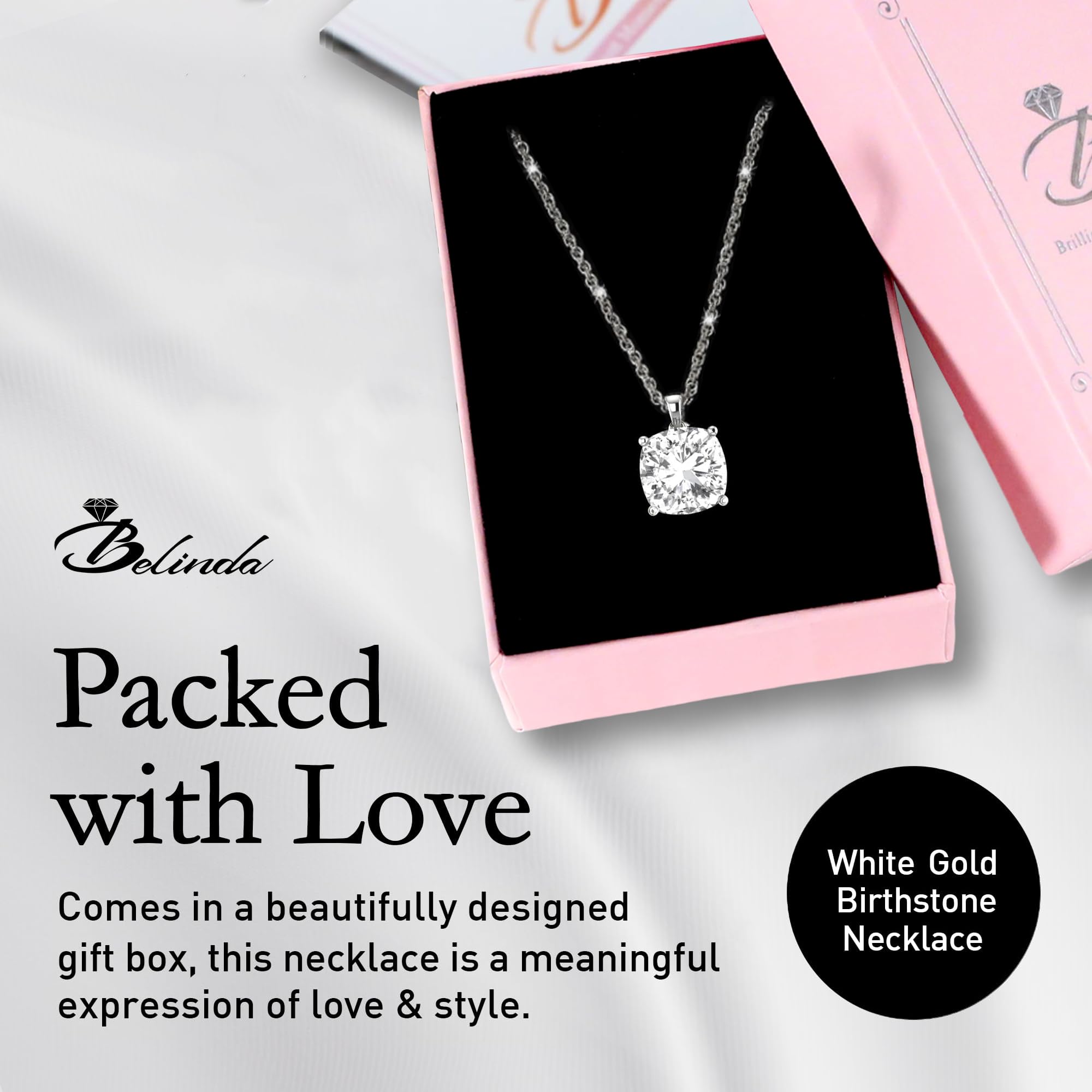 14K White & Yellow Gold Birthstone Pendant Necklace for Women - Sparkling Cushion Cut Gemstone on Sterling Silver Chain - Elegant Fine Jewelry Gift for Birthday, Anniversary & Special Occasions
