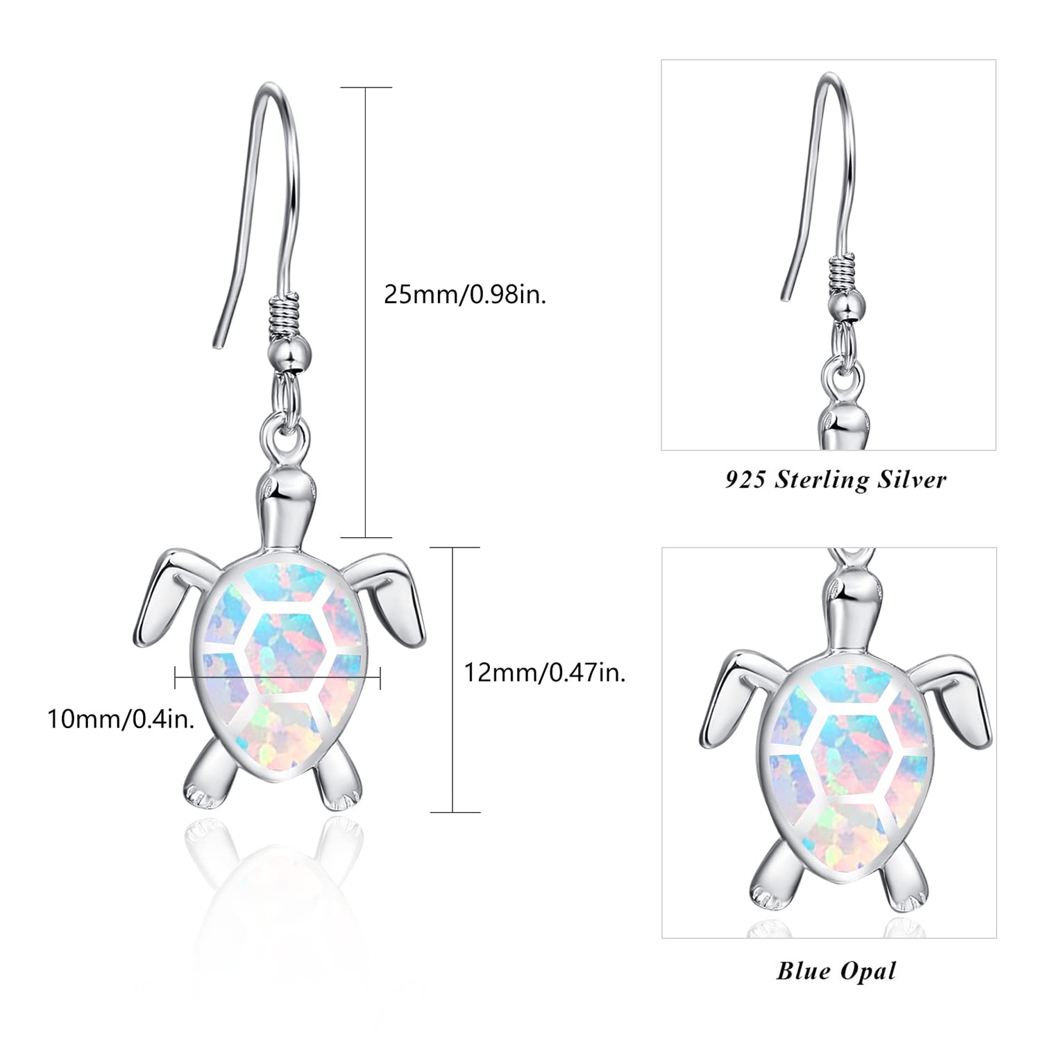 KINGWHYTE 925 Sterling Silver Turtle Dangle Earrings with Hawaiian Blue Opal - Elegant Animal Jewelry for Women | Perfect Gift for Beach Vacations, Summer Outfits & Boho Fashion