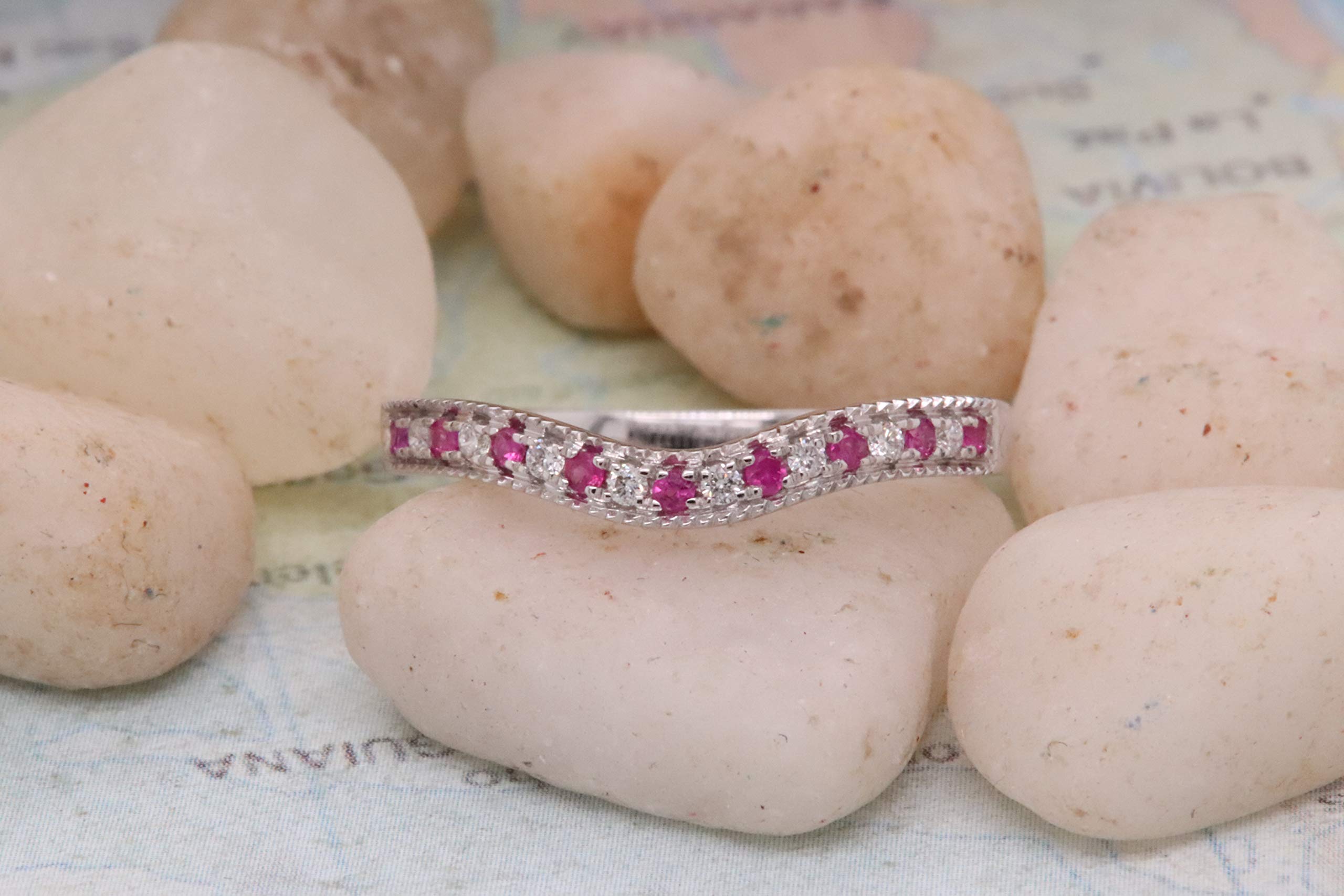 14K Solid Gold Round Ruby & White Diamond Women's Wedding Band Ring - Anniversary Gift, Engagement Ring, Stackable Ring for Special Occasions